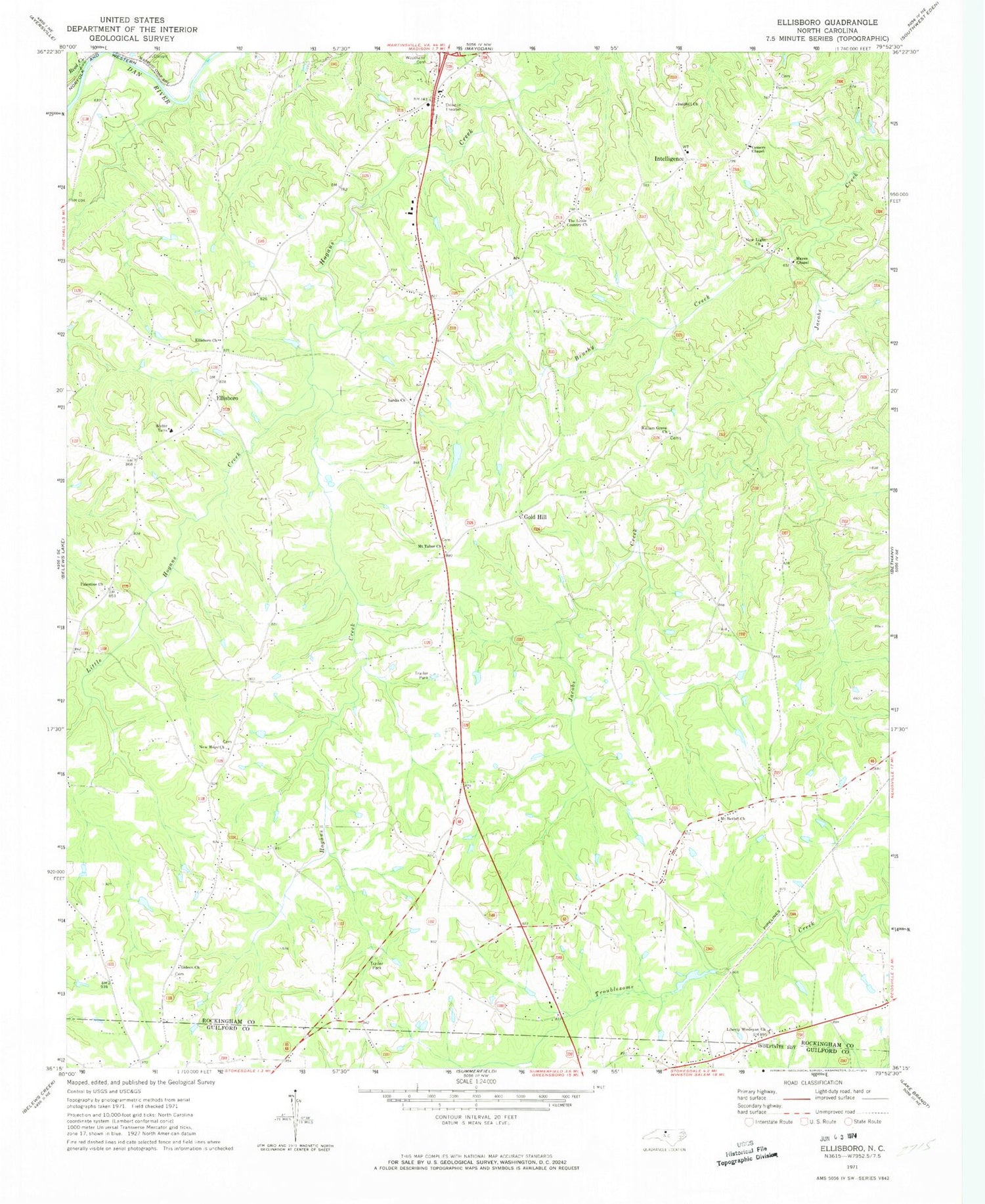 Classic USGS Ellisboro North Carolina 7.5'x7.5' Topo Map Image