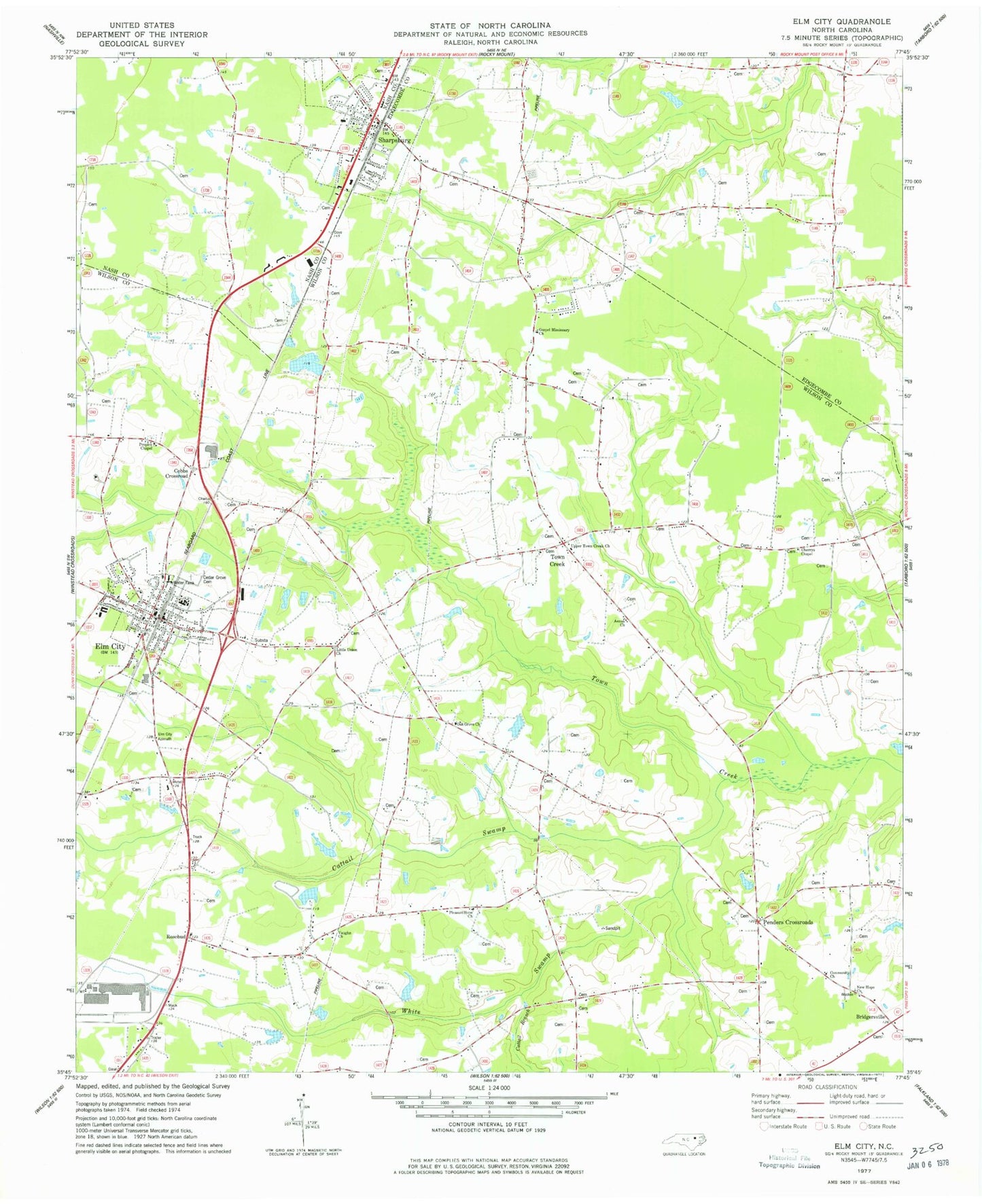 Classic USGS Elm City North Carolina 7.5'x7.5' Topo Map Image