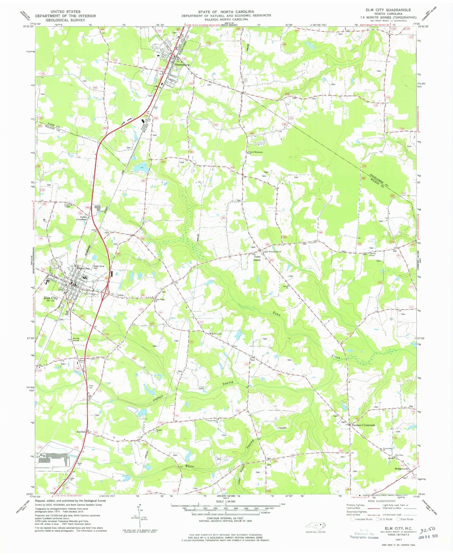 Classic USGS Elm City North Carolina 7.5'x7.5' Topo Map Image