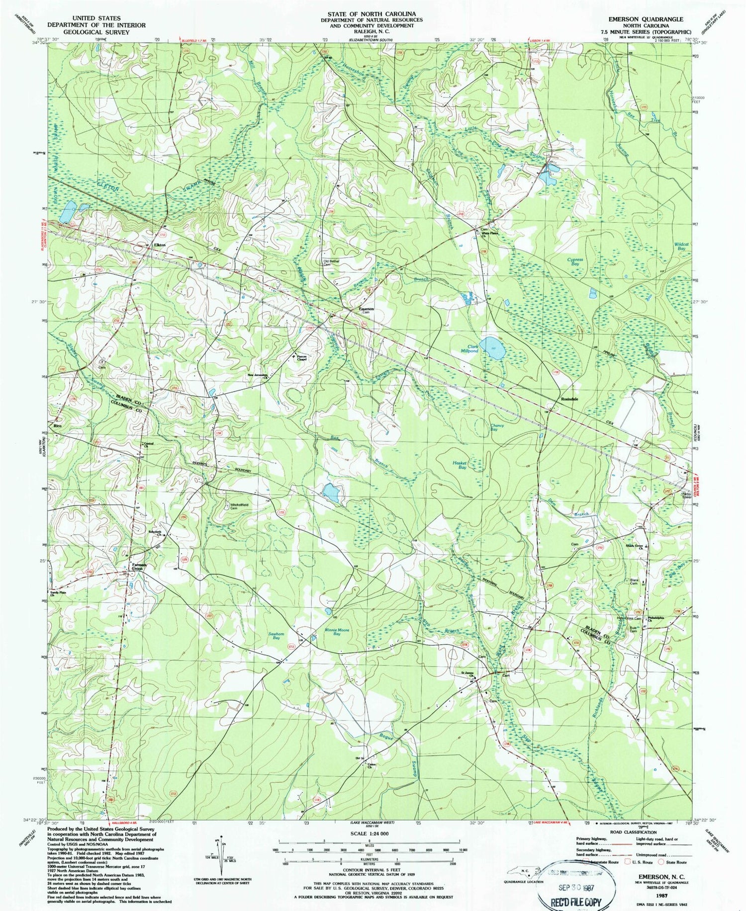 Classic USGS Emerson North Carolina 7.5'x7.5' Topo Map Image