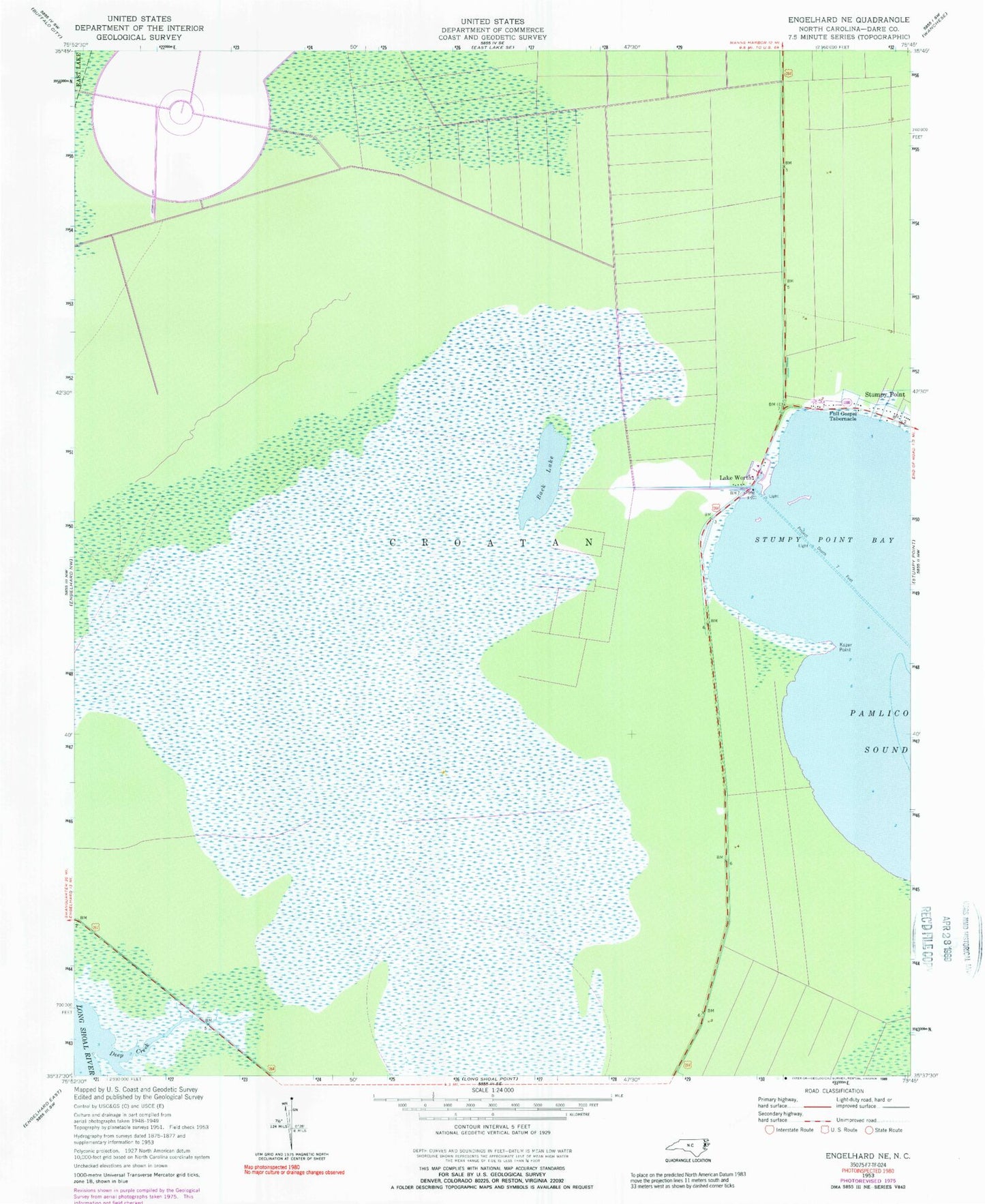 Classic USGS Engelhard NE North Carolina 7.5'x7.5' Topo Map Image
