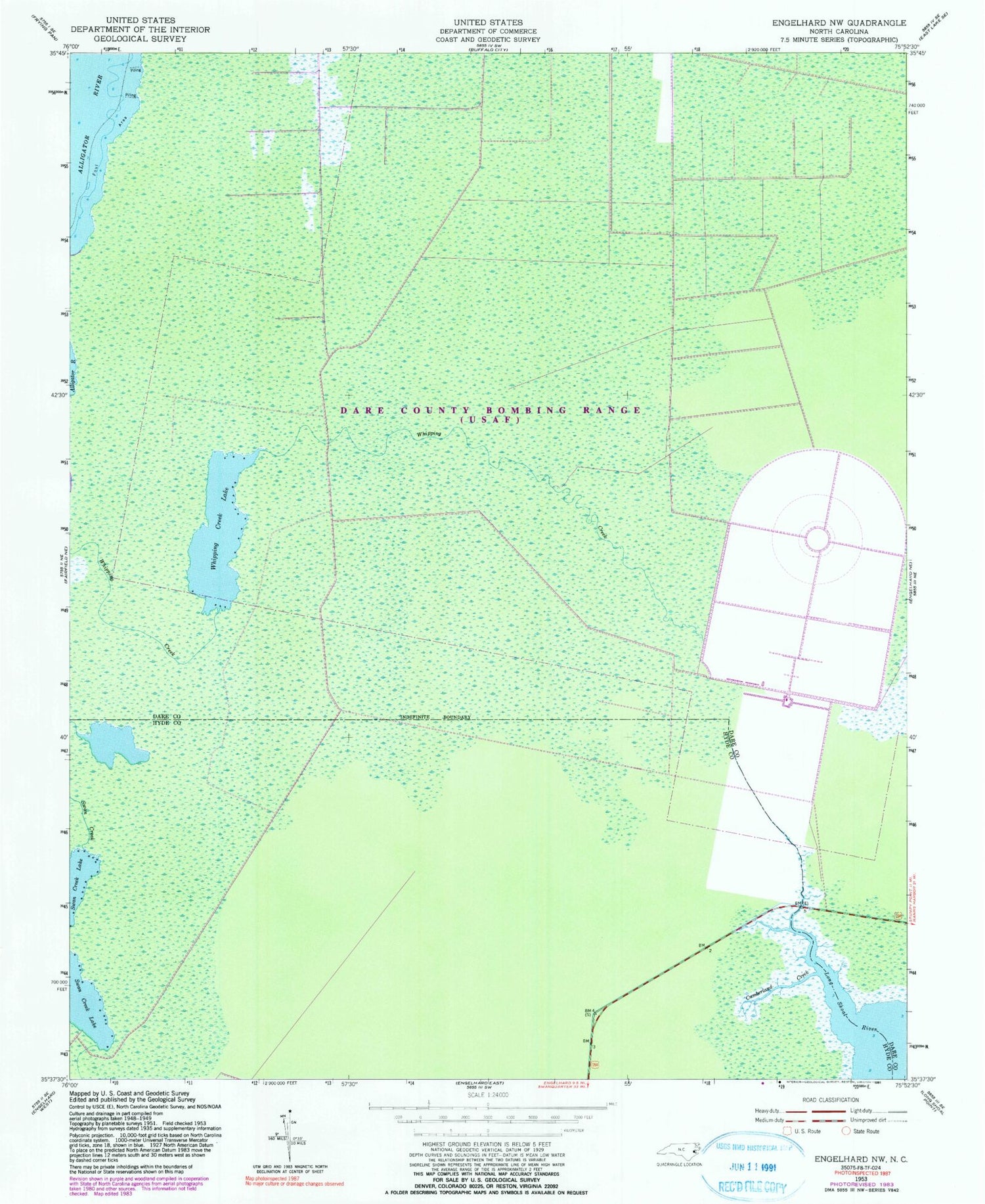 Classic USGS Engelhard NW North Carolina 7.5'x7.5' Topo Map Image