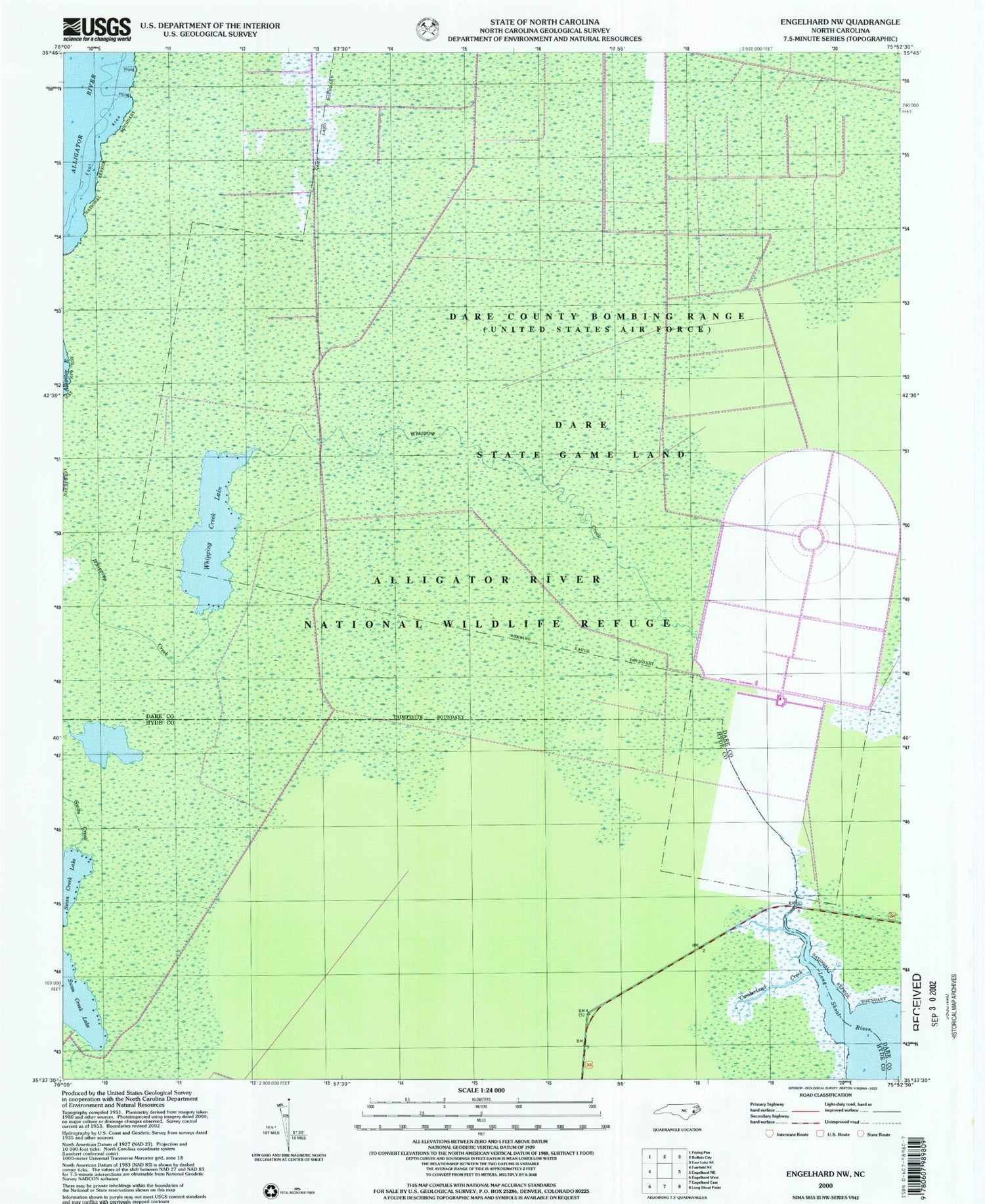 Classic USGS Engelhard NW North Carolina 7.5'x7.5' Topo Map Image