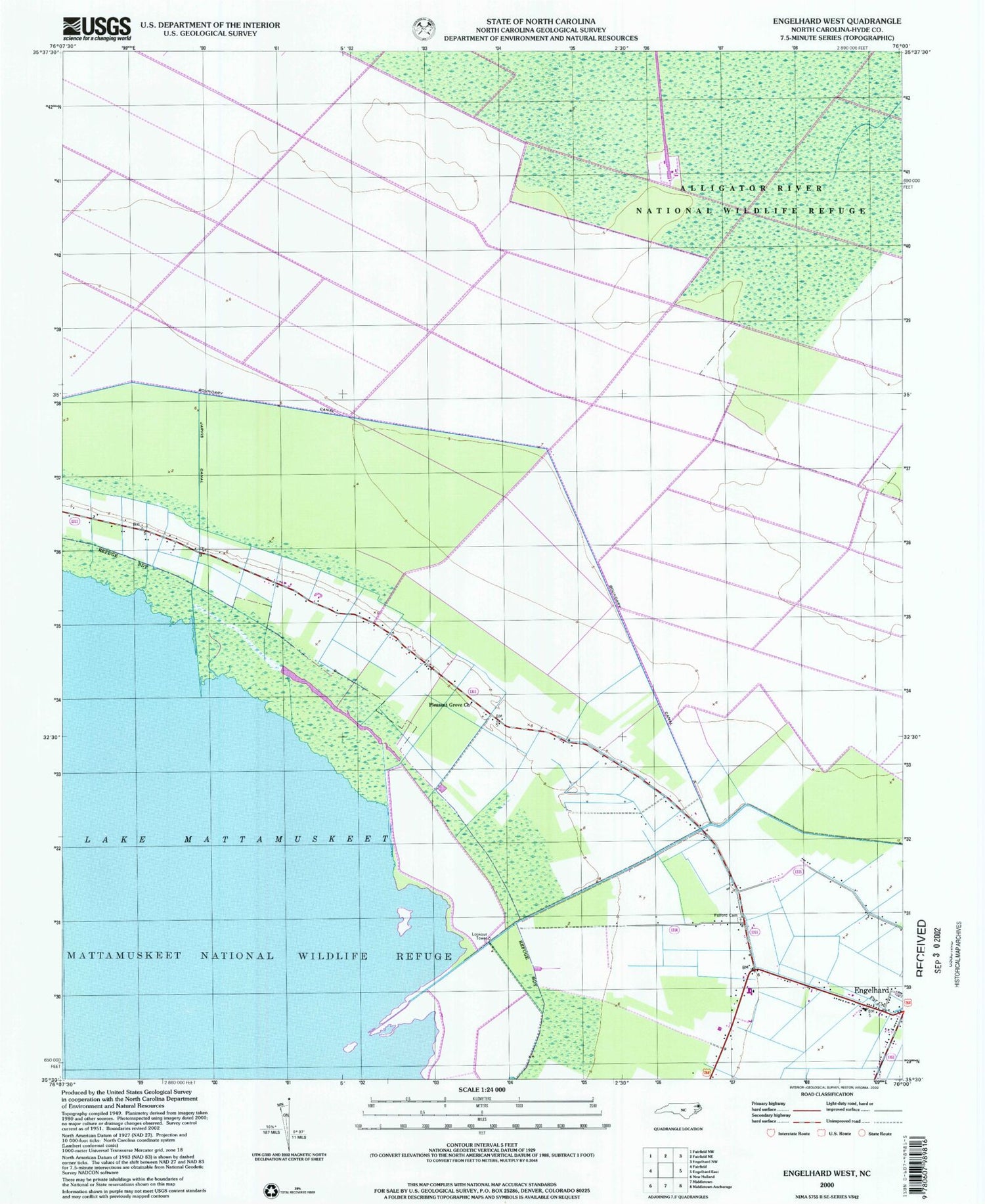 Classic USGS Engelhard West North Carolina 7.5'x7.5' Topo Map Image