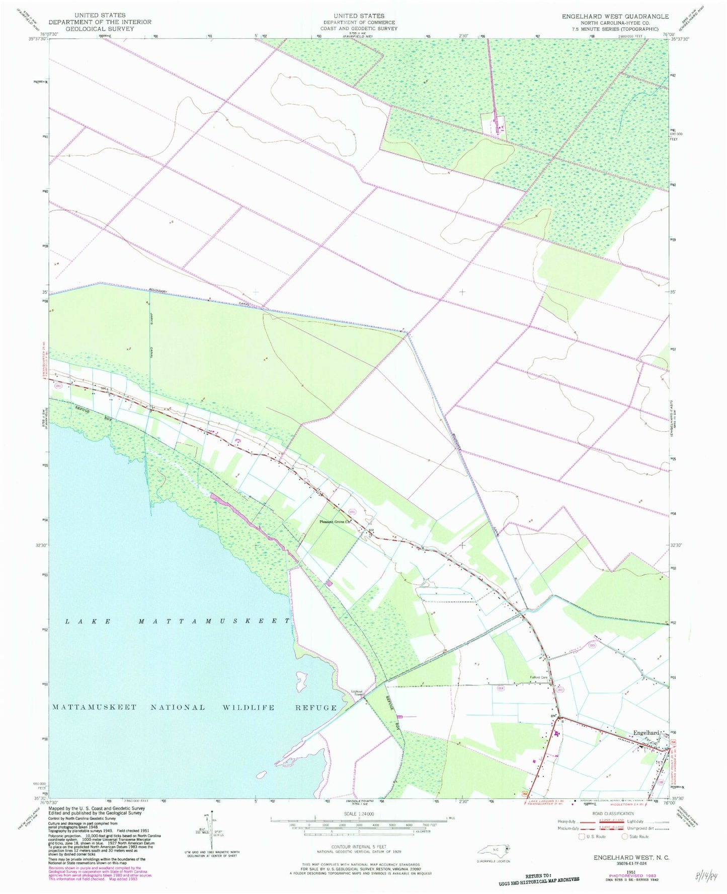 Classic USGS Engelhard West North Carolina 7.5'x7.5' Topo Map Image