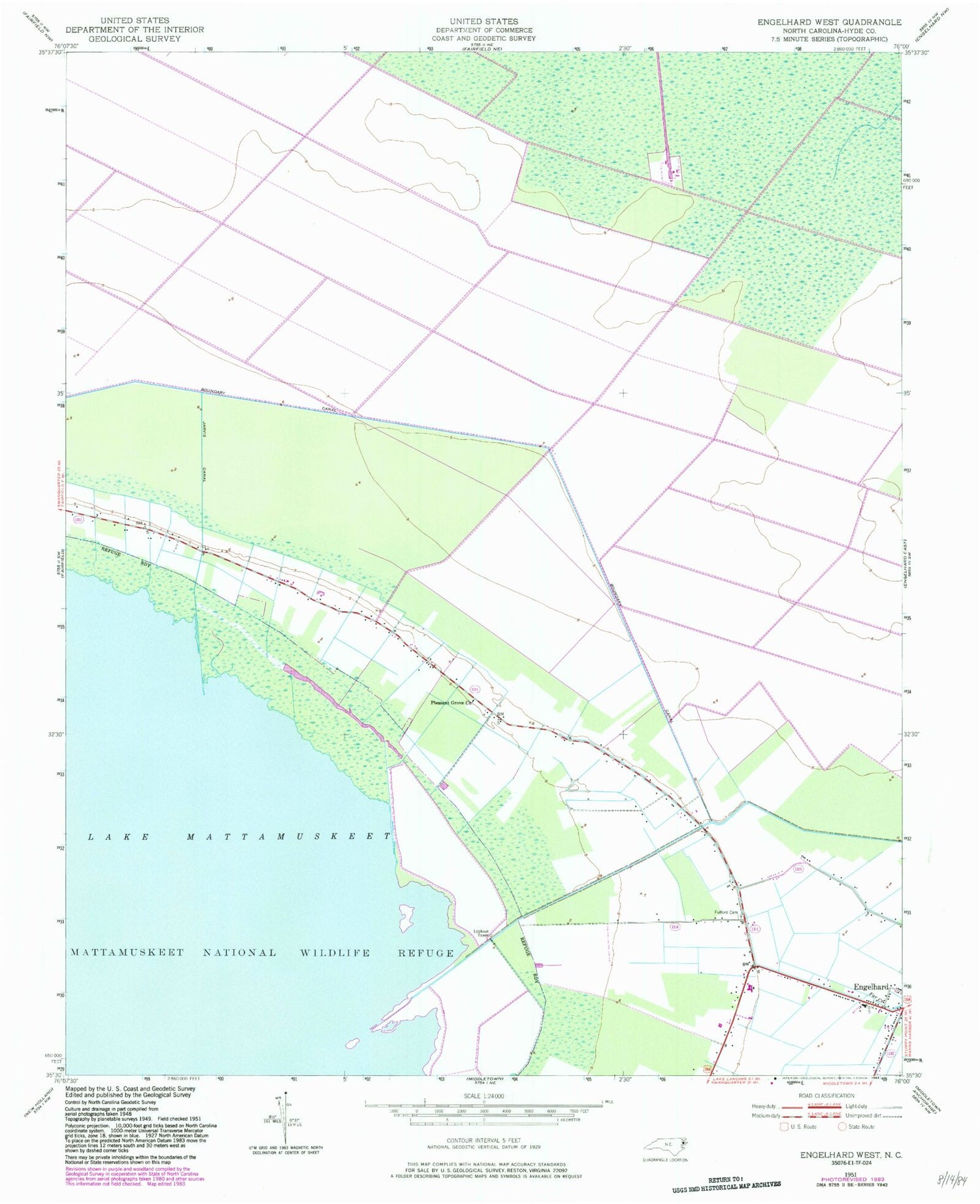 Classic USGS Engelhard West North Carolina 7.5'x7.5' Topo Map Image
