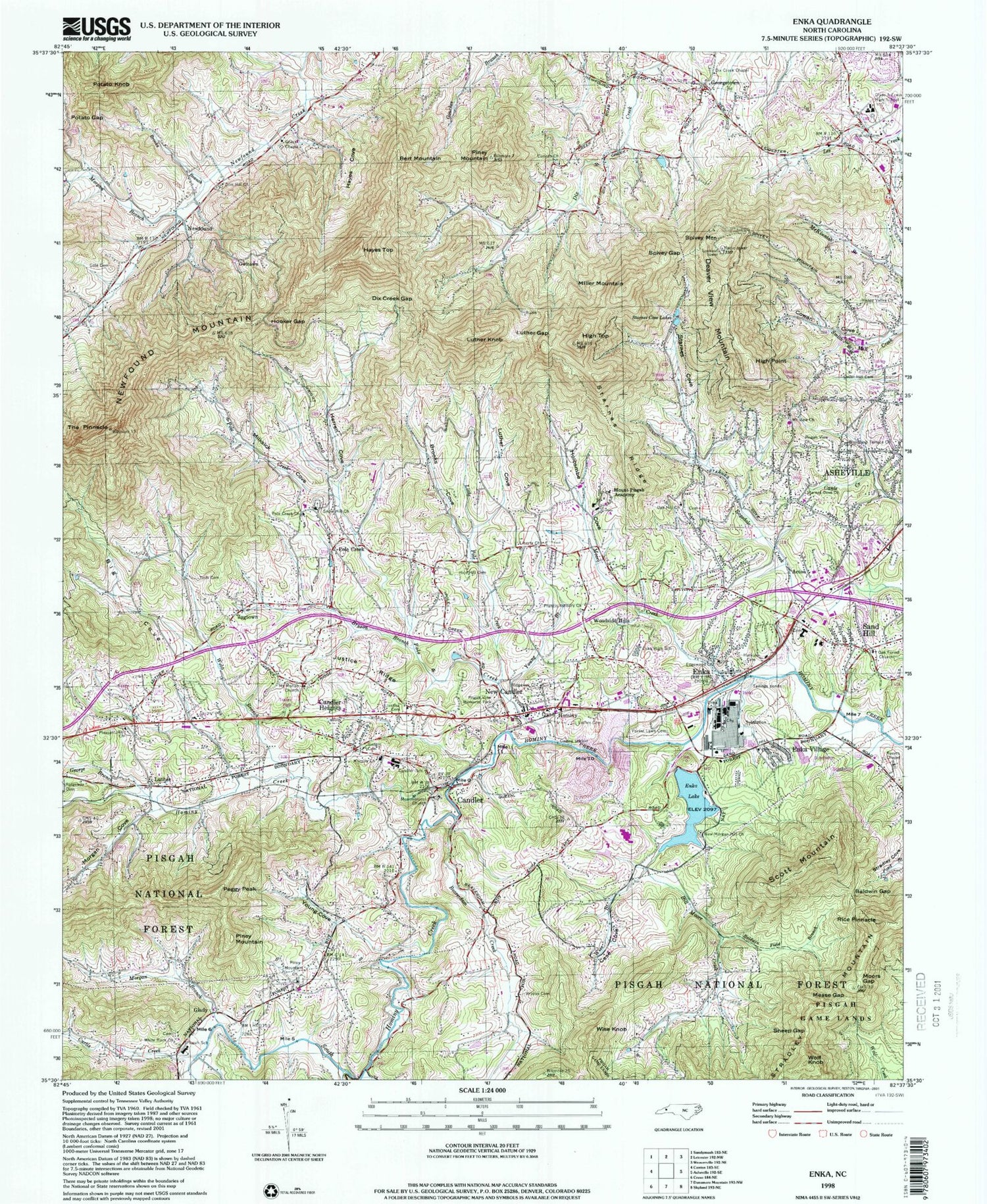 Classic USGS Enka North Carolina 7.5'x7.5' Topo Map Image