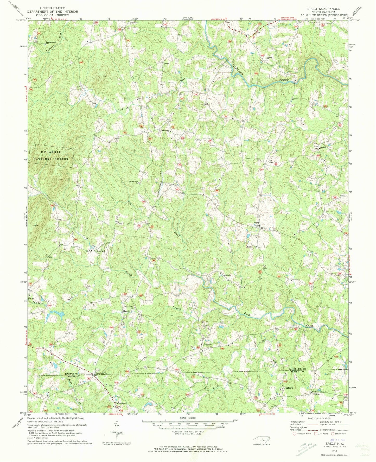 Classic USGS Erect North Carolina 7.5'x7.5' Topo Map Image