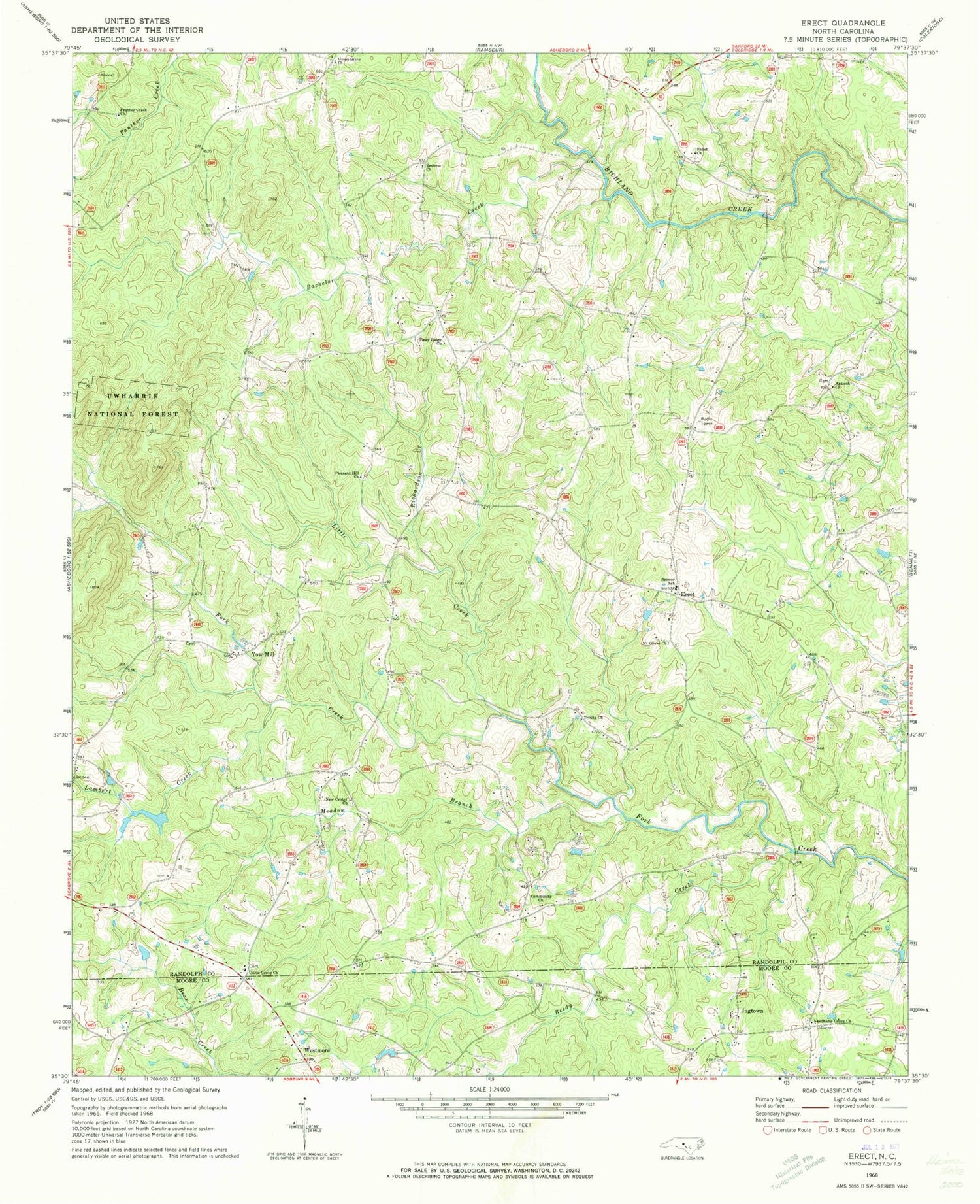 Classic USGS Erect North Carolina 7.5'x7.5' Topo Map Image