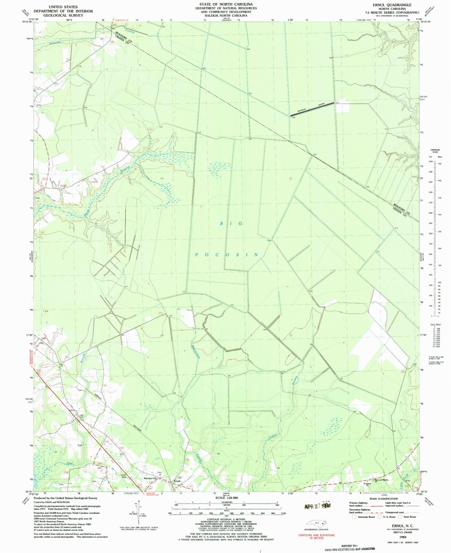 Classic USGS Ernul North Carolina 7.5'x7.5' Topo Map Image