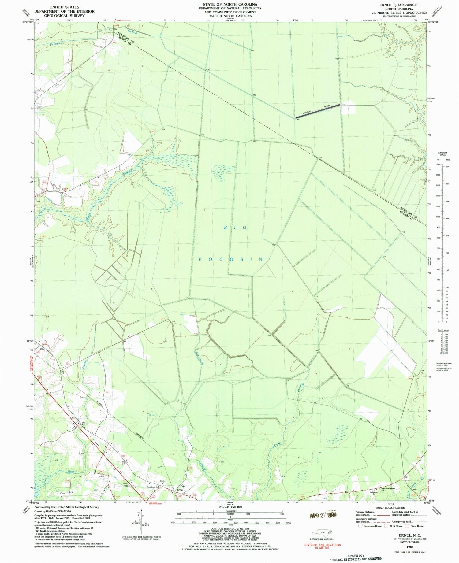 Classic USGS Ernul North Carolina 7.5'x7.5' Topo Map Image