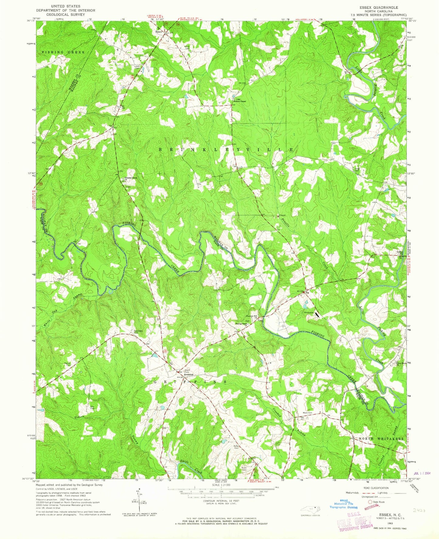 Classic USGS Essex North Carolina 7.5'x7.5' Topo Map Image