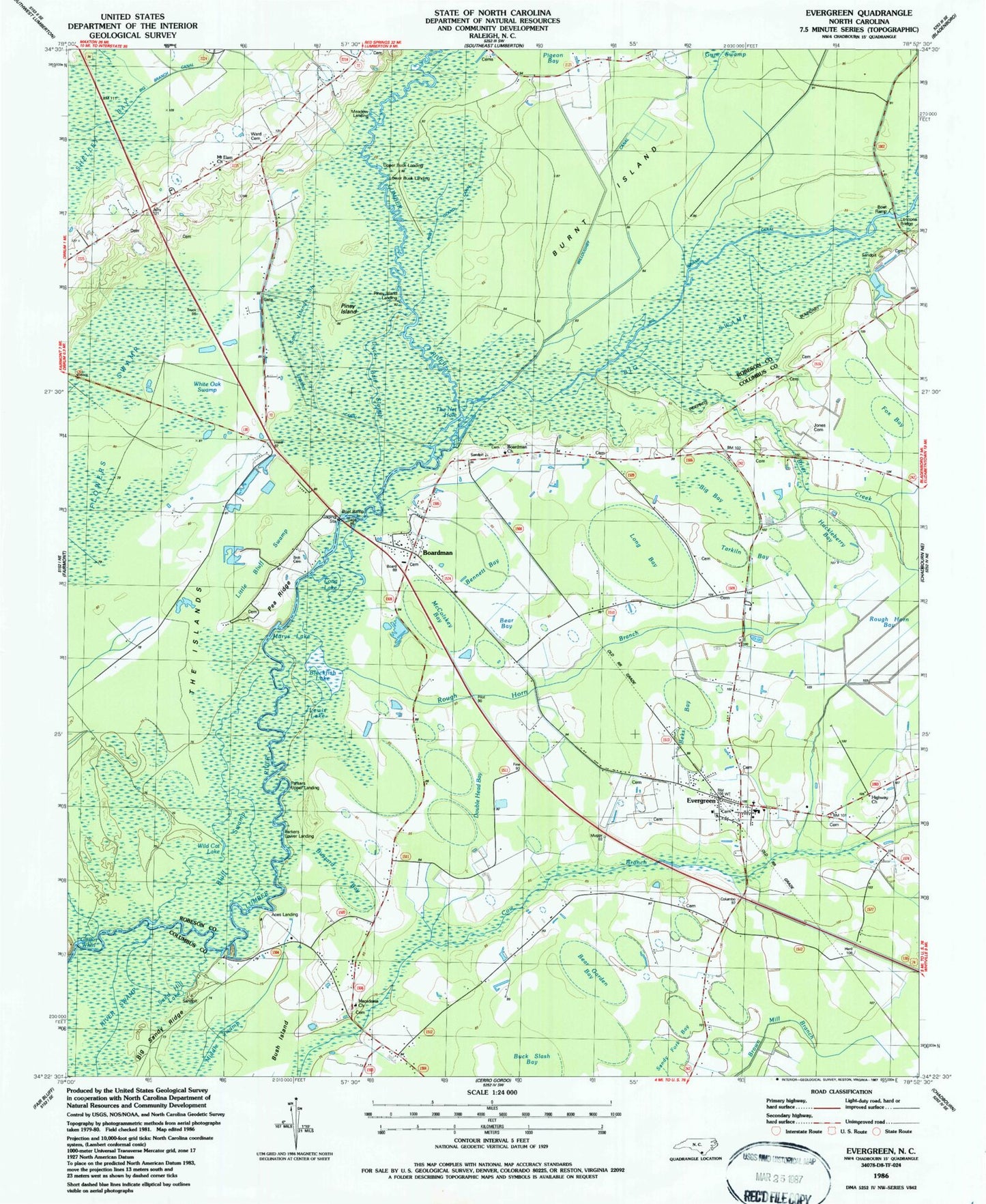 Classic USGS Evergreen North Carolina 7.5'x7.5' Topo Map Image