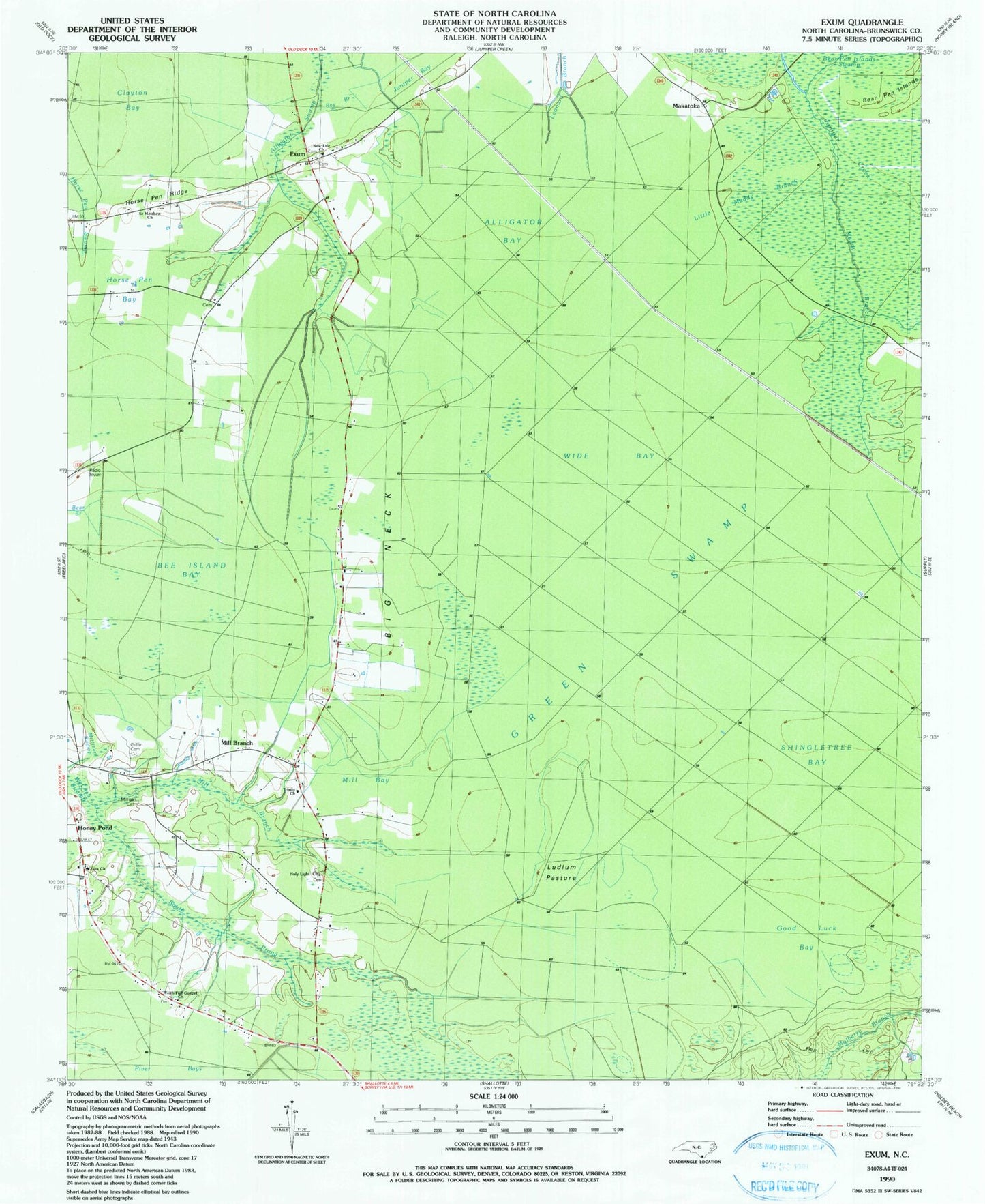 Classic USGS Exum North Carolina 7.5'x7.5' Topo Map Image