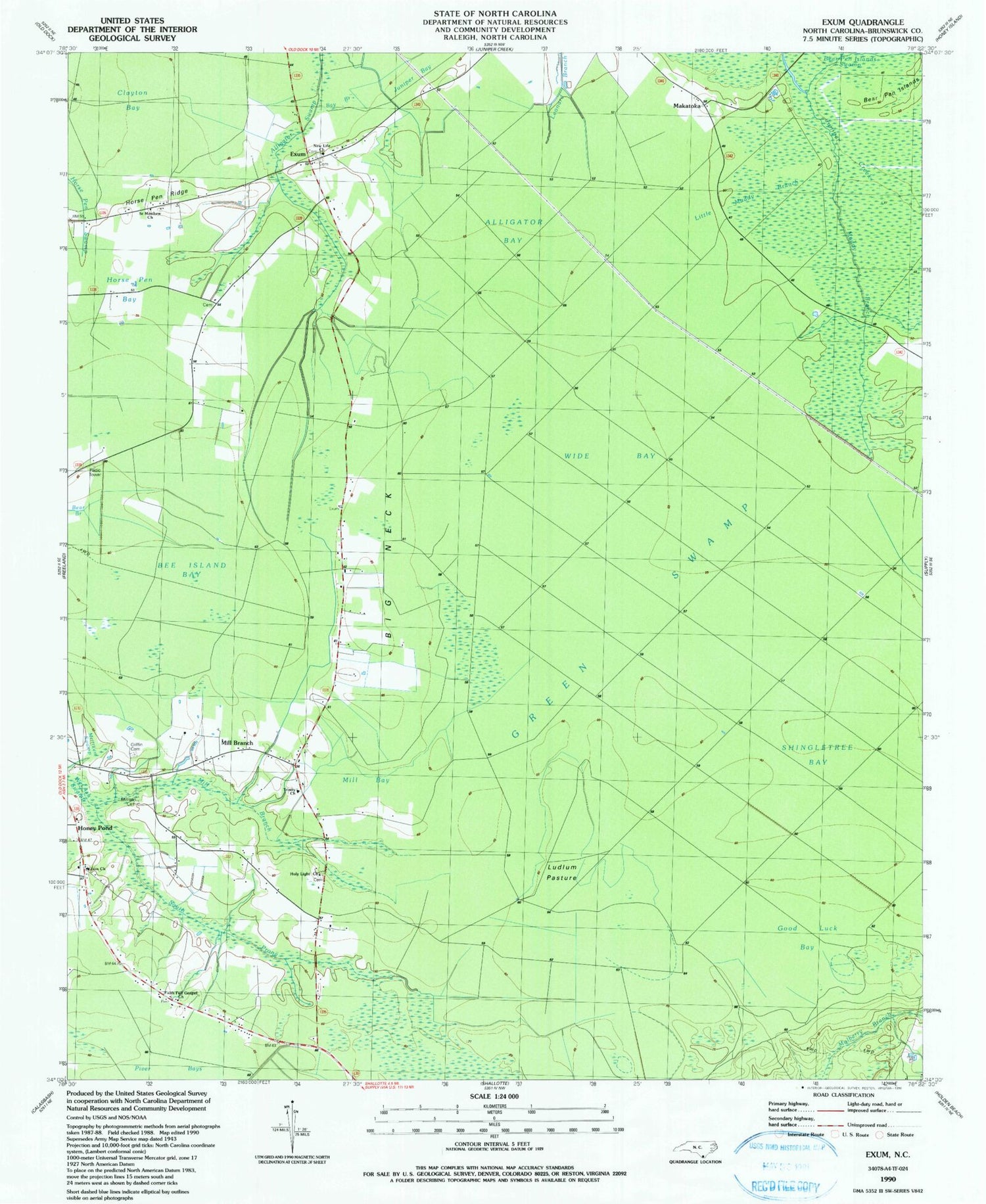 Classic USGS Exum North Carolina 7.5'x7.5' Topo Map Image