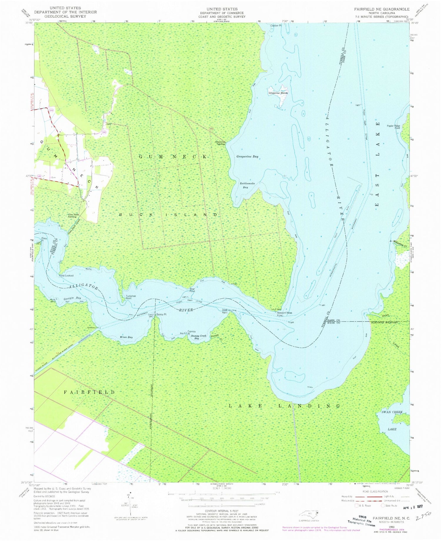 Classic USGS Fairfield NE North Carolina 7.5'x7.5' Topo Map Image
