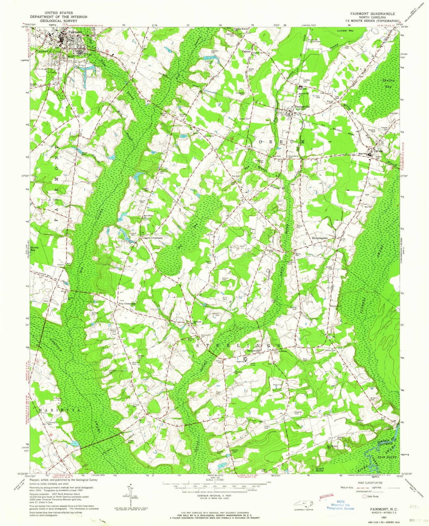 Classic USGS Fairmont North Carolina 7.5'x7.5' Topo Map Image
