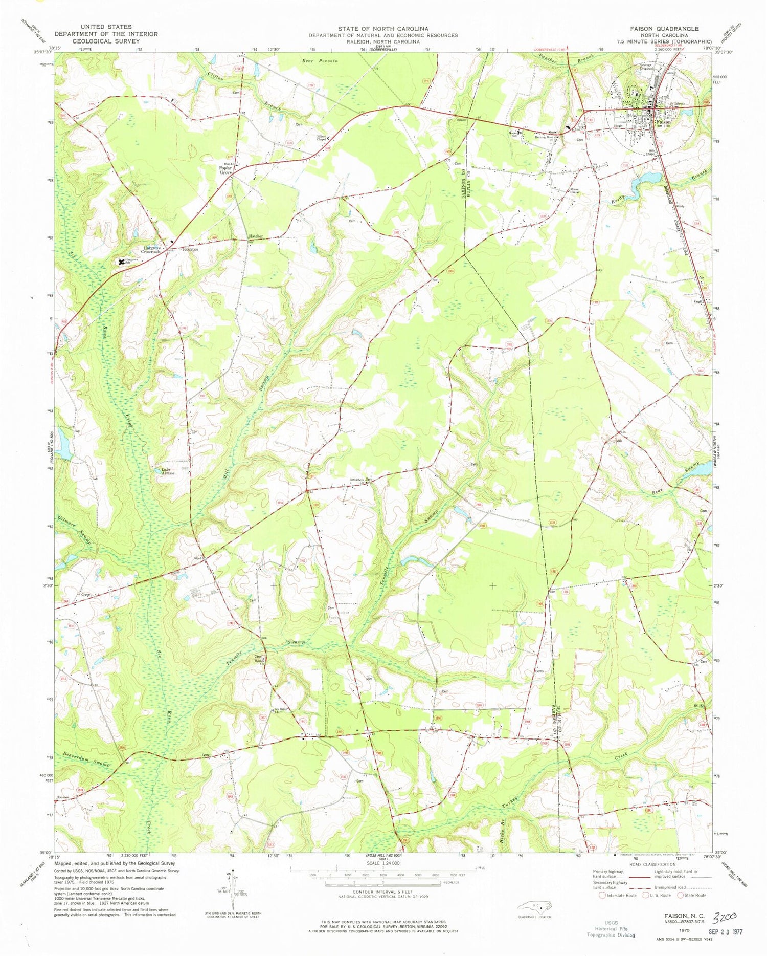 Classic USGS Faison North Carolina 7.5'x7.5' Topo Map Image