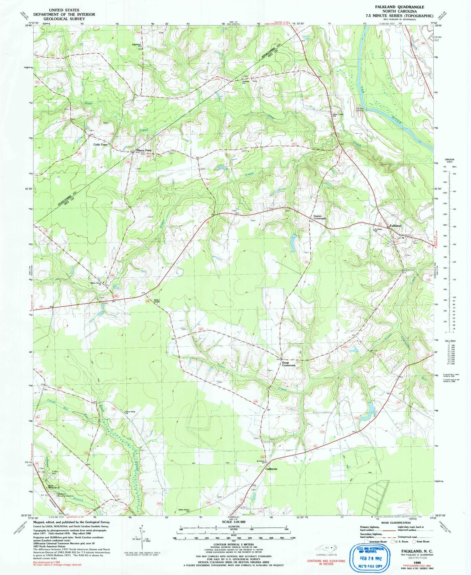 Classic USGS Falkland North Carolina 7.5'x7.5' Topo Map Image