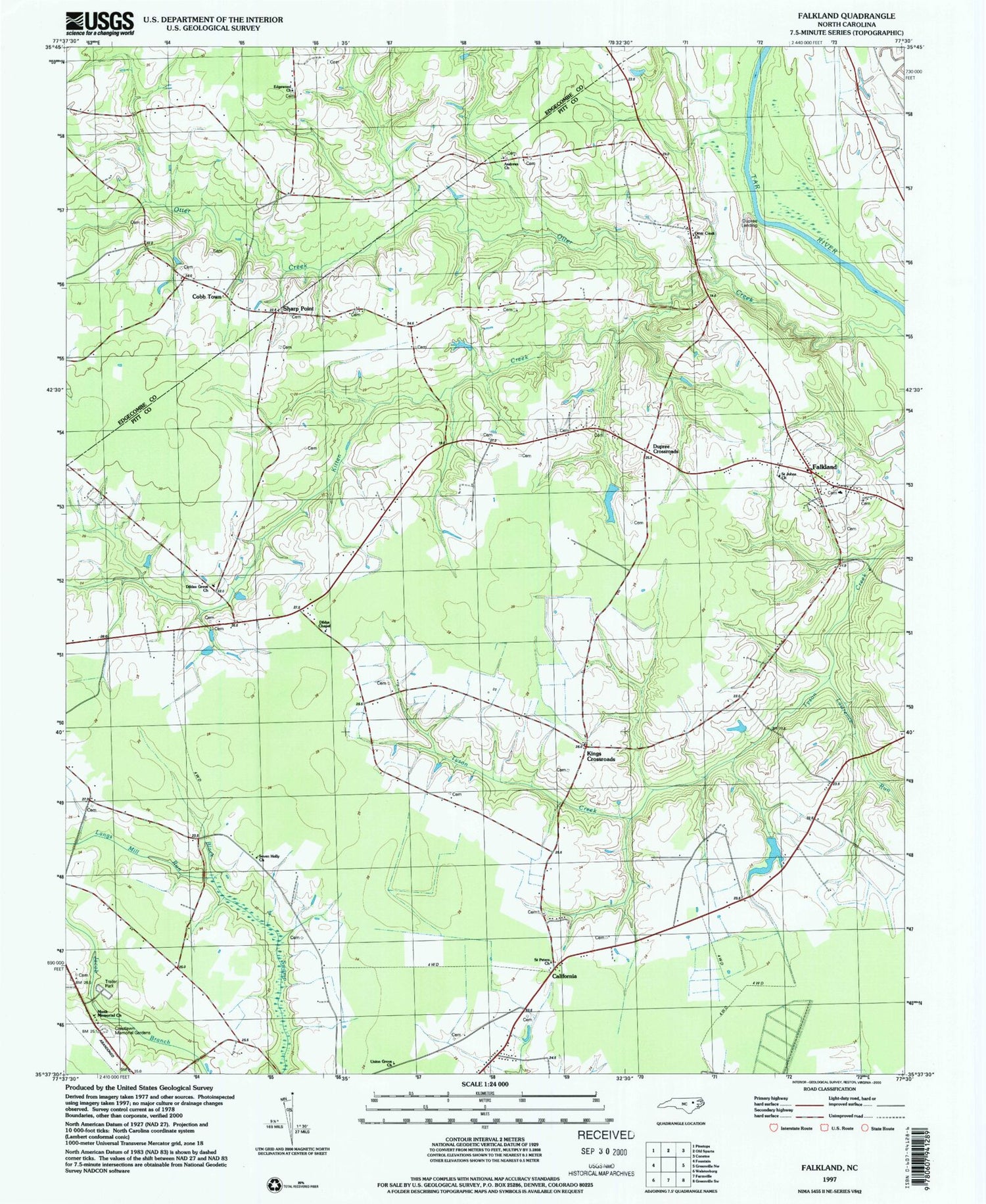 Classic USGS Falkland North Carolina 7.5'x7.5' Topo Map Image