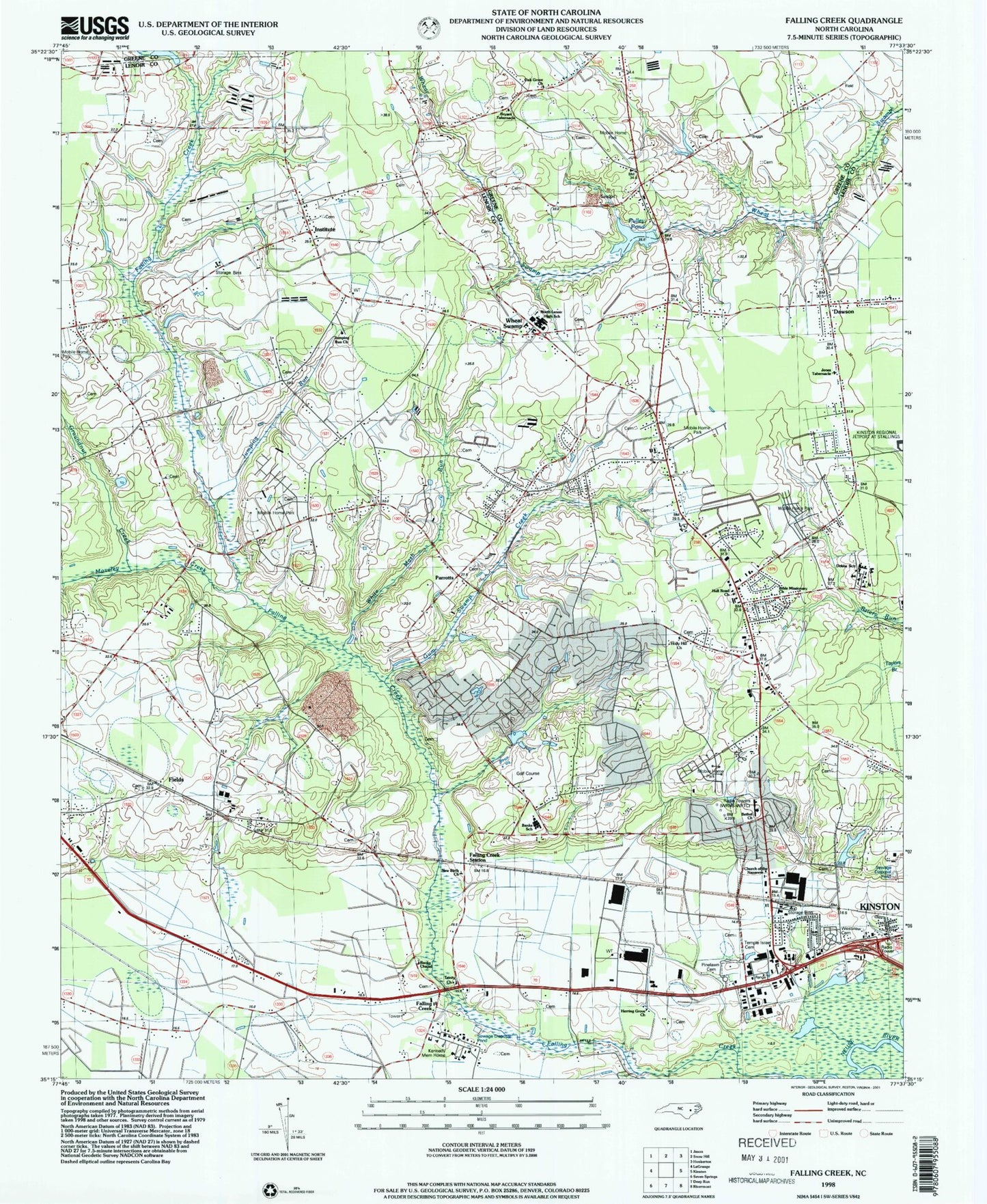 Classic USGS Falling Creek North Carolina 7.5'x7.5' Topo Map Image