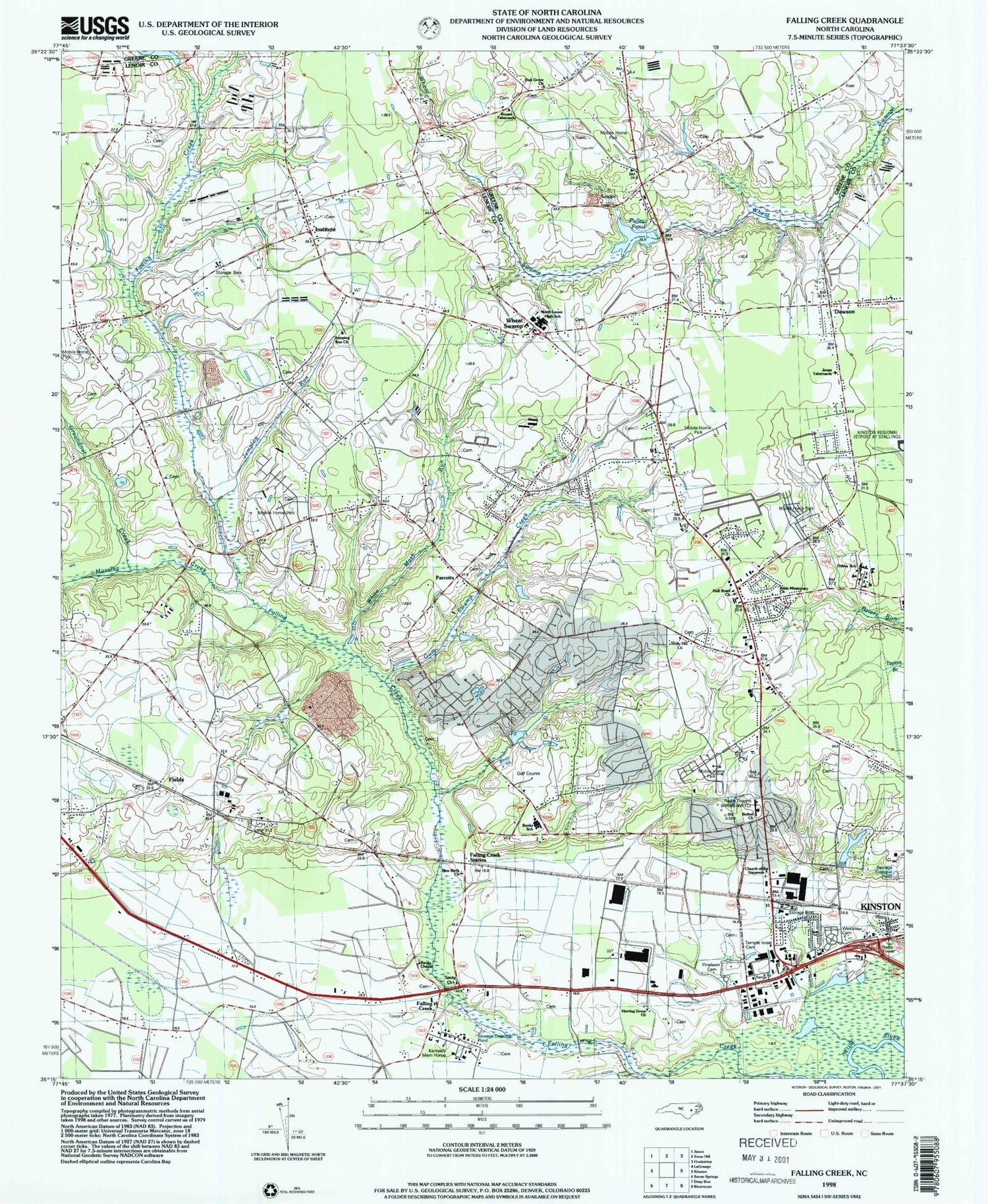 Classic USGS Falling Creek North Carolina 7.5'x7.5' Topo Map Image