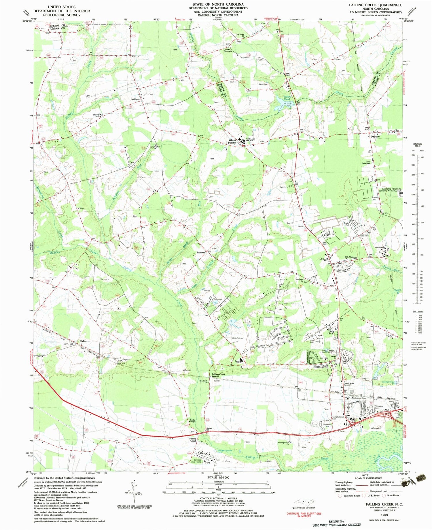 Classic USGS Falling Creek North Carolina 7.5'x7.5' Topo Map Image