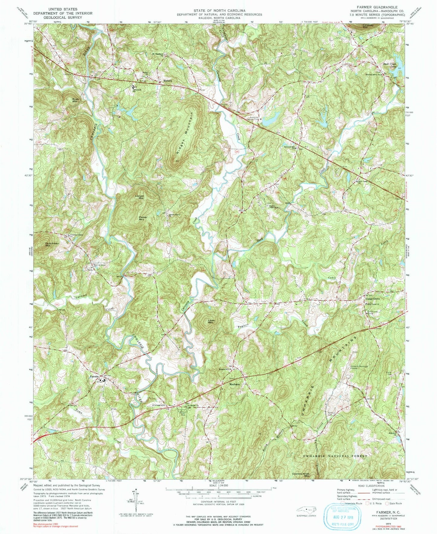 Classic USGS Farmer North Carolina 7.5'x7.5' Topo Map Image