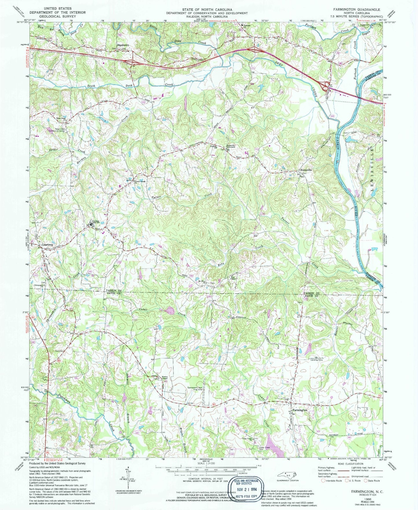 Classic USGS Farmington North Carolina 7.5'x7.5' Topo Map Image