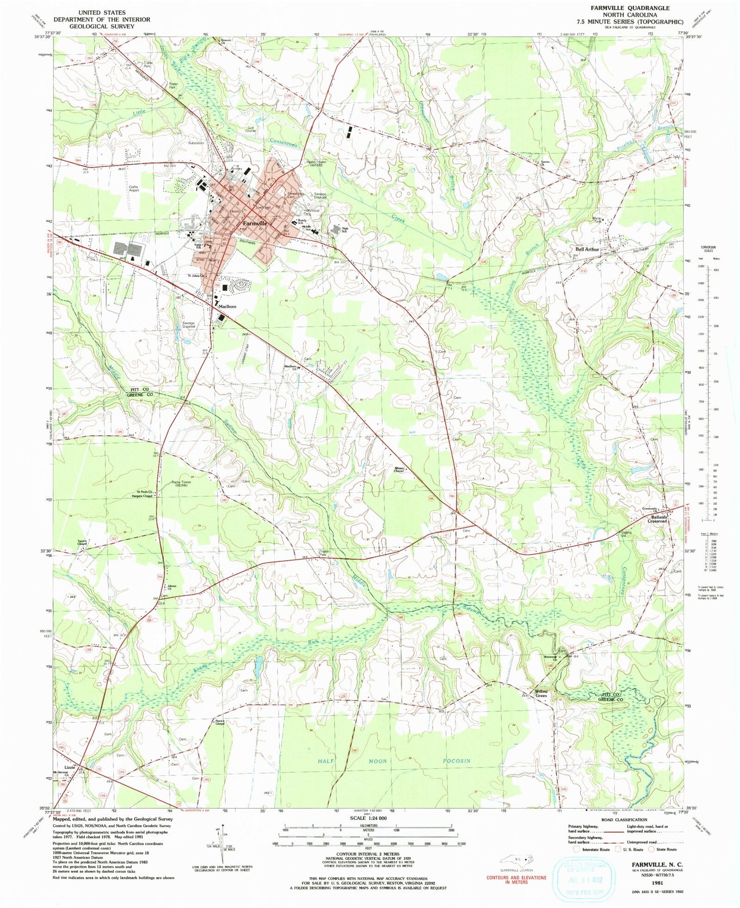 Classic USGS Farmville North Carolina 7.5'x7.5' Topo Map Image