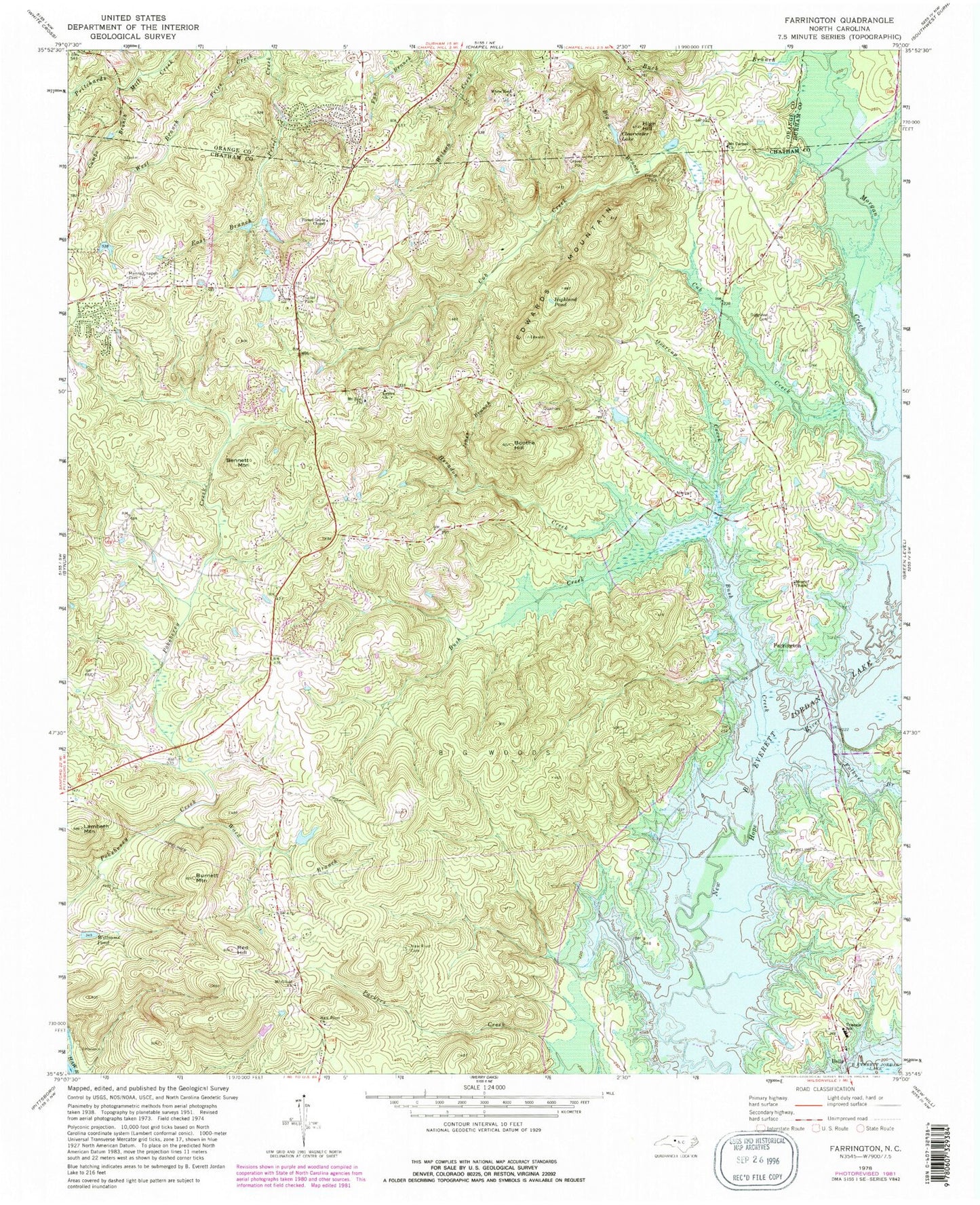 Classic USGS Farrington North Carolina 7.5'x7.5' Topo Map Image