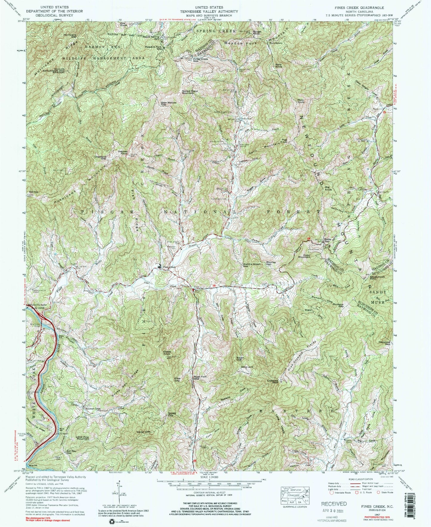 Classic USGS Fines Creek North Carolina 7.5'x7.5' Topo Map Image