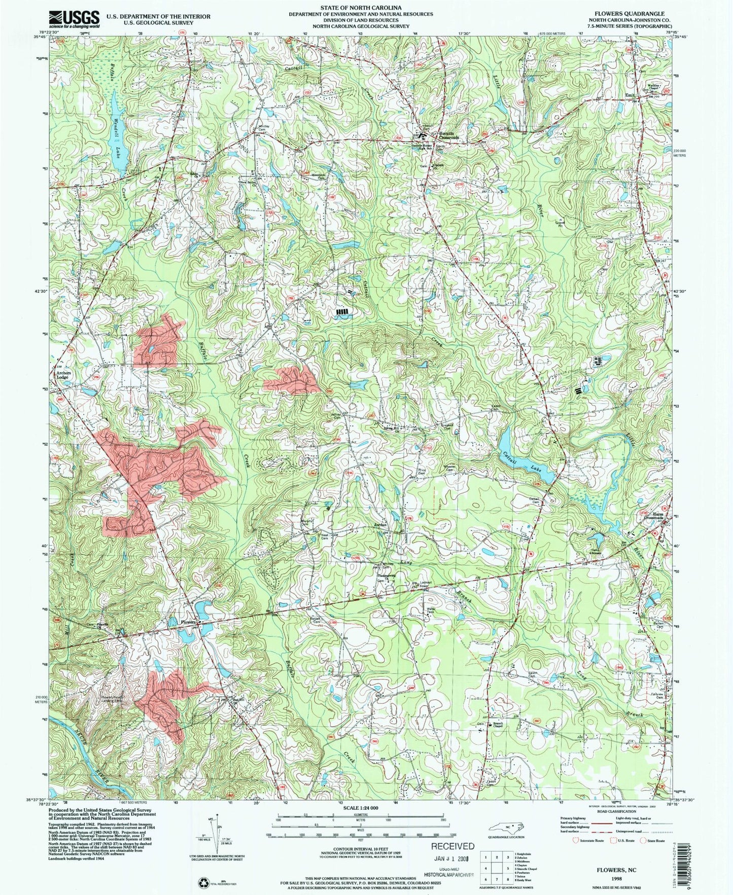 Classic USGS Flowers North Carolina 7.5'x7.5' Topo Map Image
