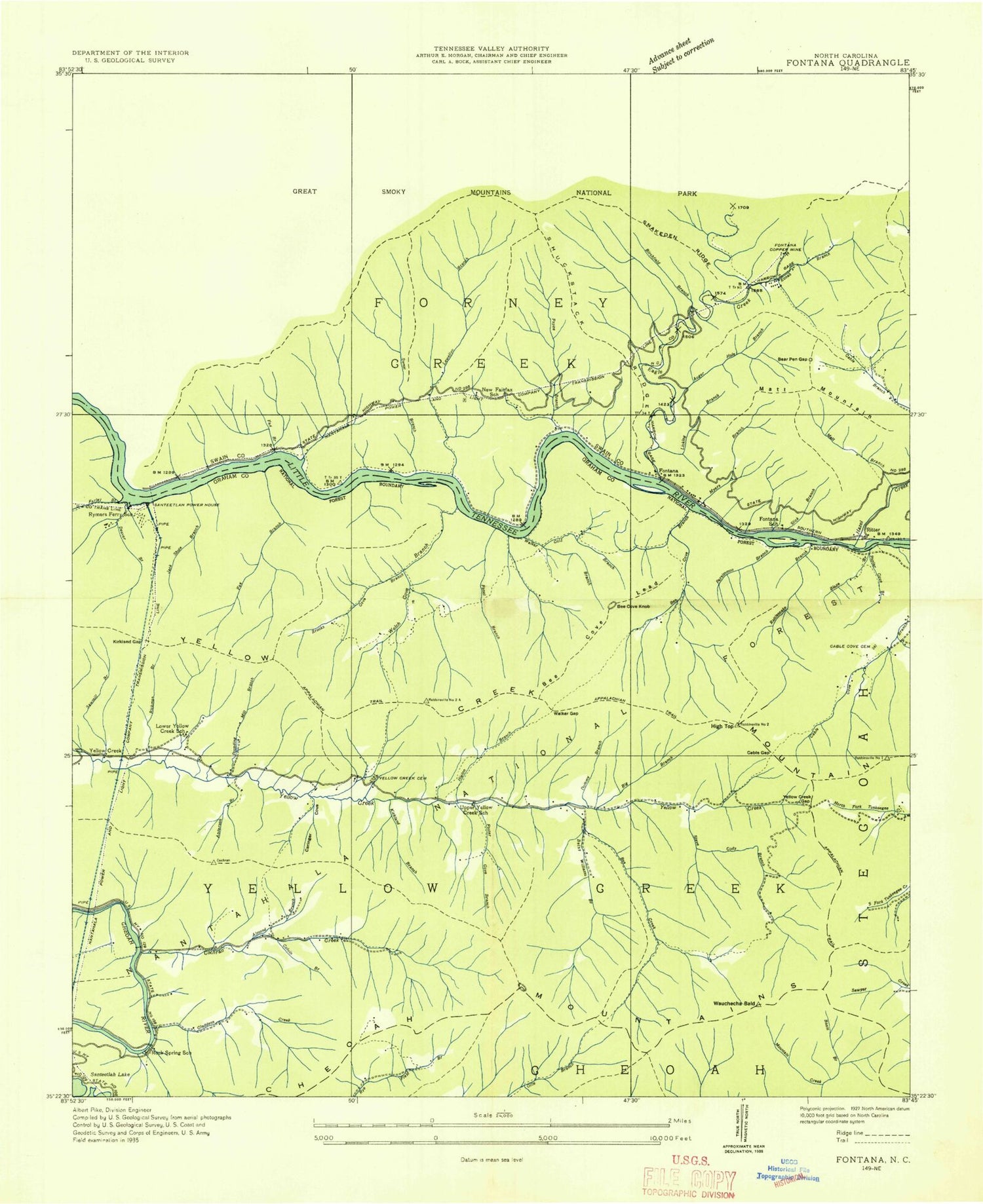 Classic USGS Fontana Dam North Carolina 7.5'x7.5' Topo Map Image