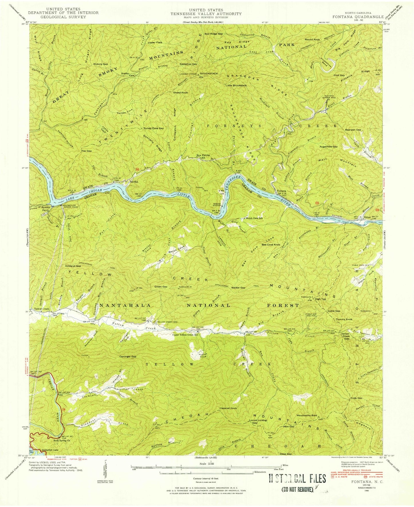 Classic USGS Fontana Dam North Carolina 7.5'x7.5' Topo Map Image