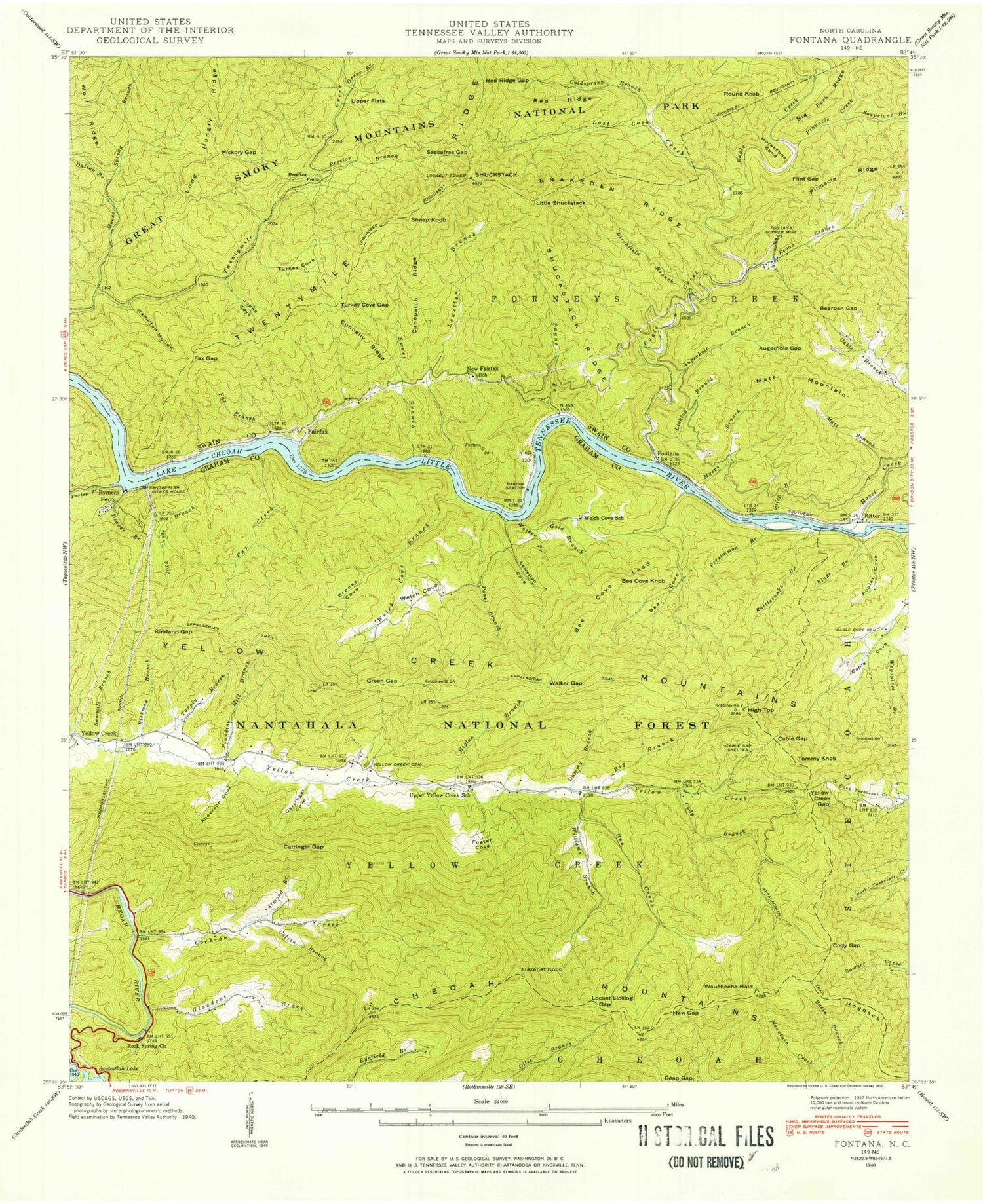 Classic USGS Fontana Dam North Carolina 7.5'x7.5' Topo Map Image