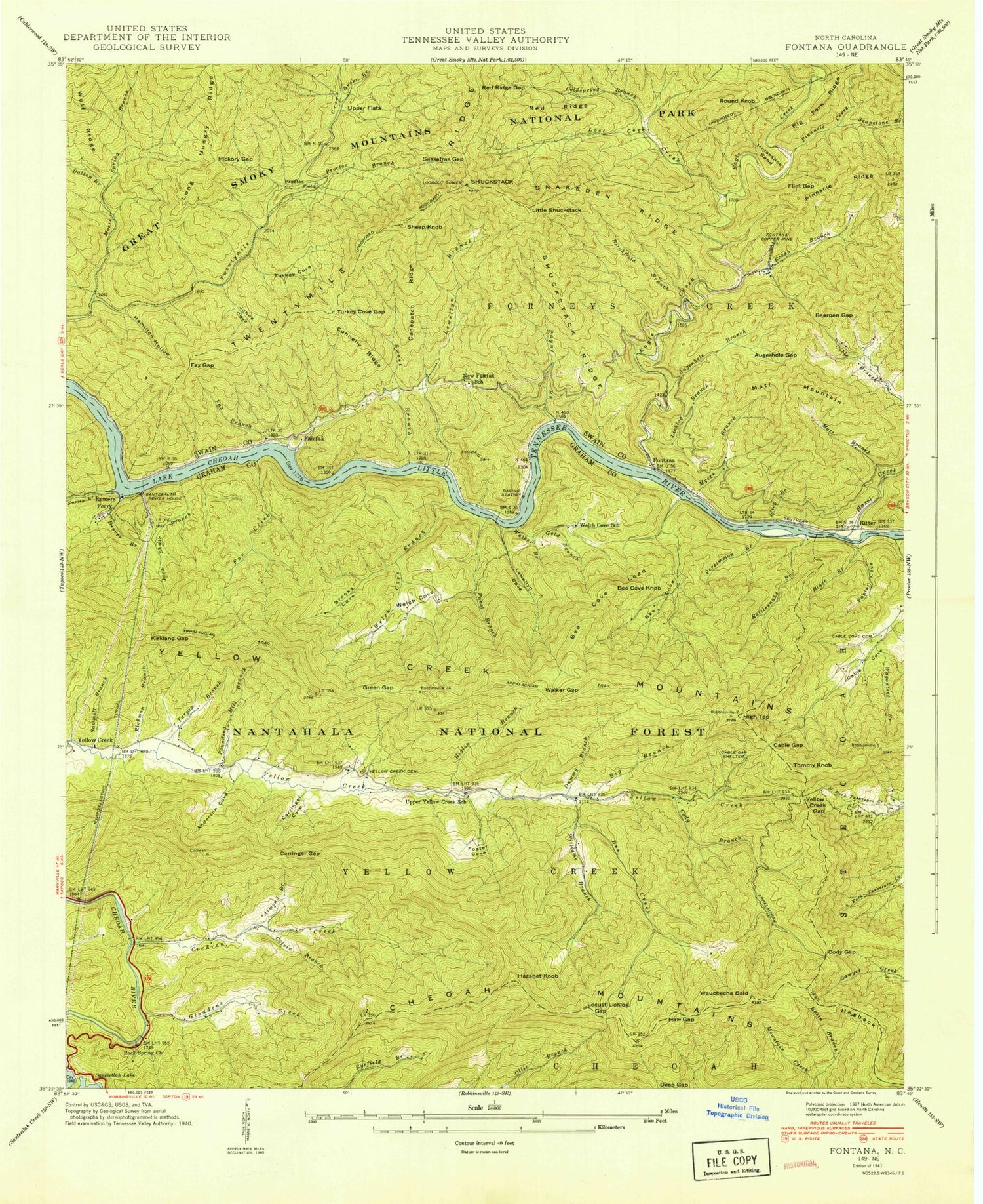 Classic USGS Fontana Dam North Carolina 7.5'x7.5' Topo Map Image