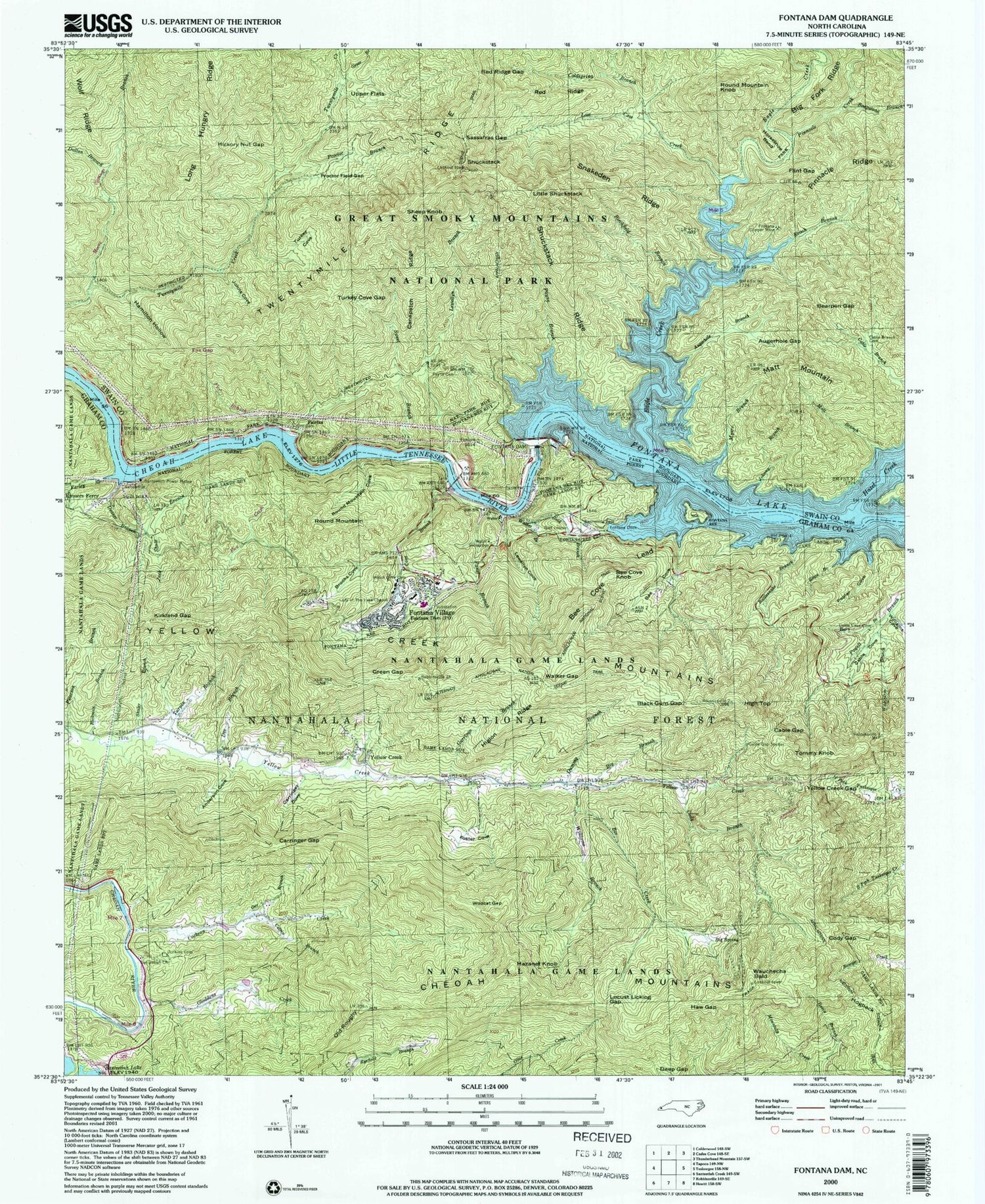 Classic USGS Fontana Dam North Carolina 7.5'x7.5' Topo Map Image