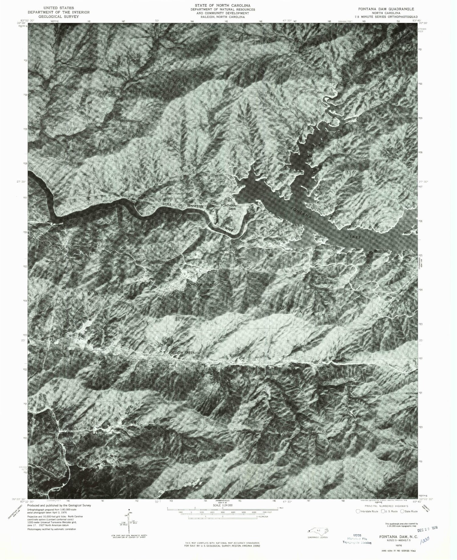 Classic USGS Fontana Dam North Carolina 7.5'x7.5' Topo Map Image