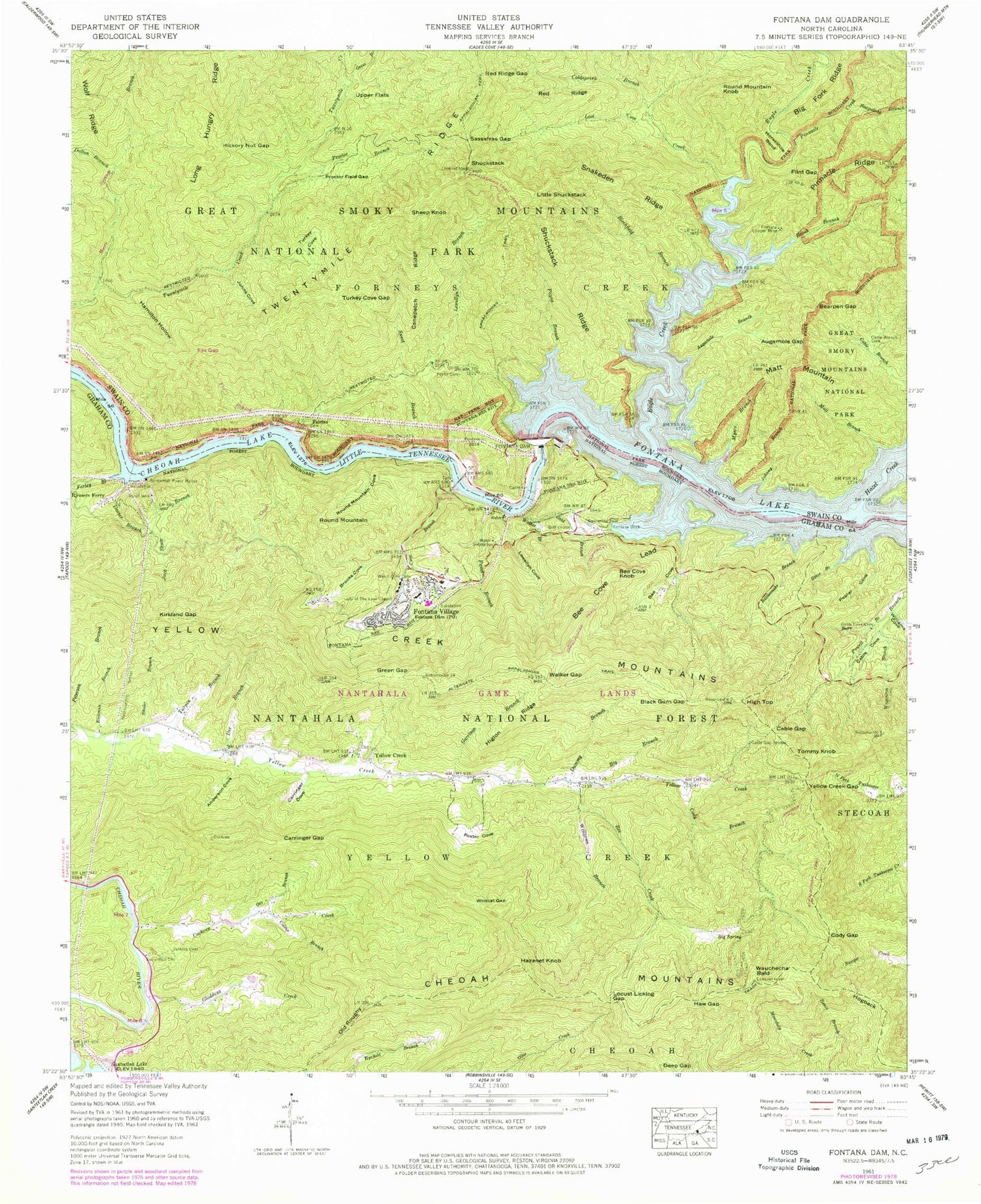 Classic USGS Fontana Dam North Carolina 7.5'x7.5' Topo Map Image