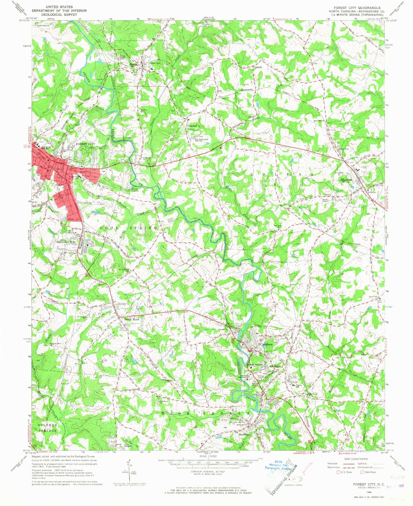 Classic USGS Forest City North Carolina 7.5'x7.5' Topo Map Image