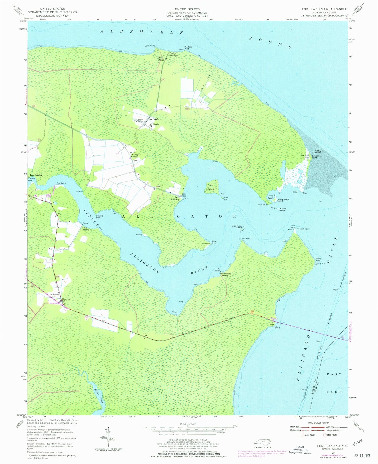 Classic USGS Fort Landing North Carolina 7.5'x7.5' Topo Map Image