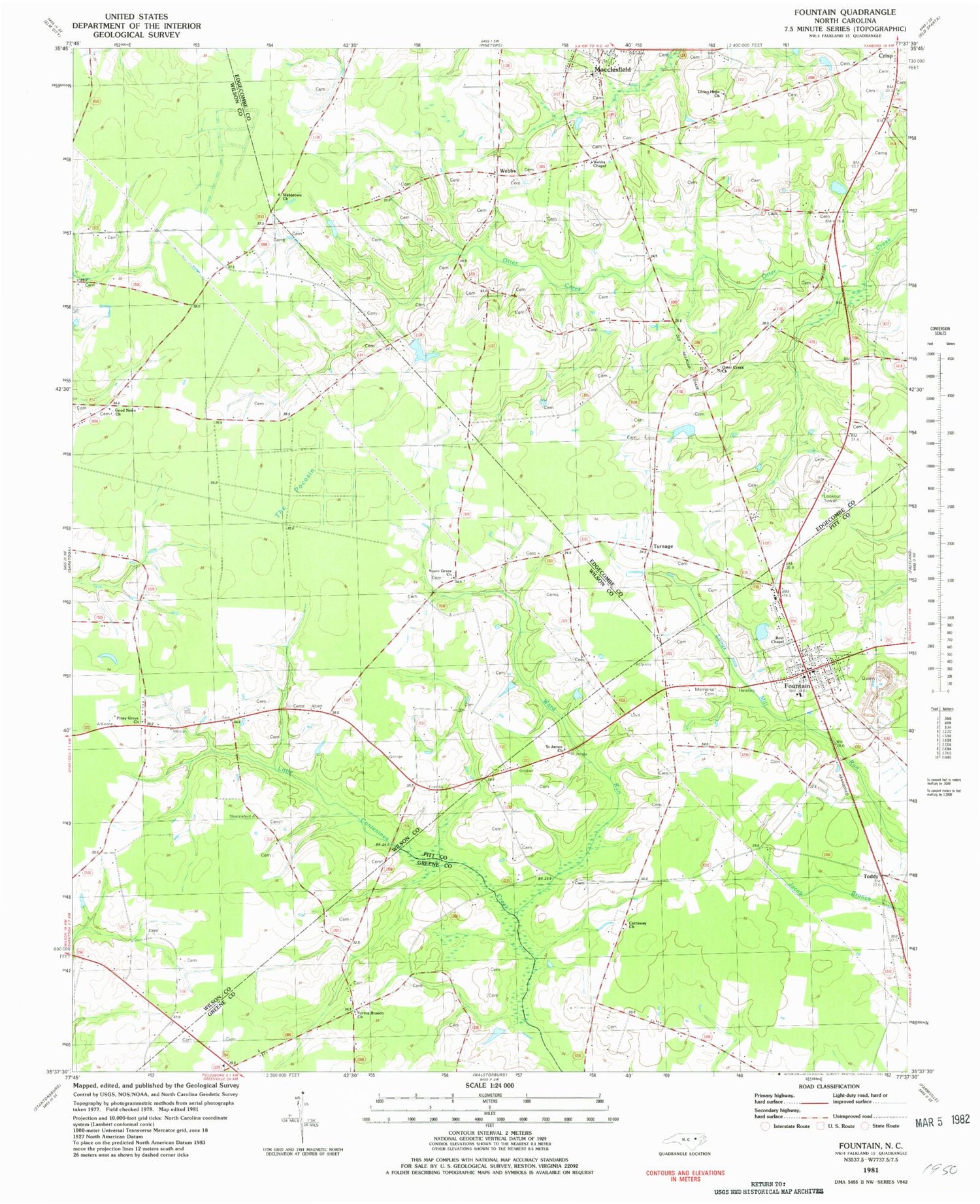 Classic USGS Fountain North Carolina 7.5'x7.5' Topo Map Image