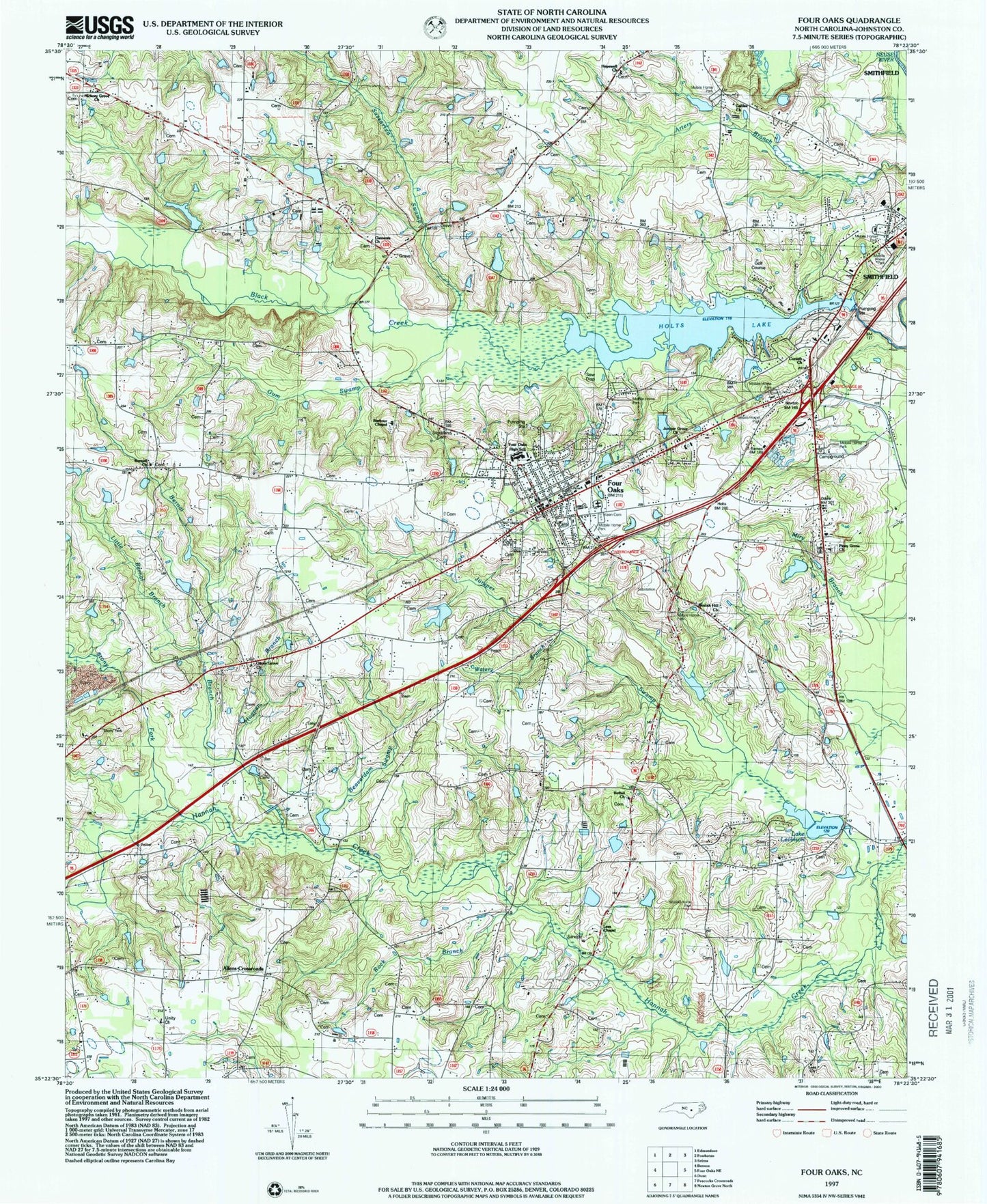 Classic USGS Four Oaks North Carolina 7.5'x7.5' Topo Map Image