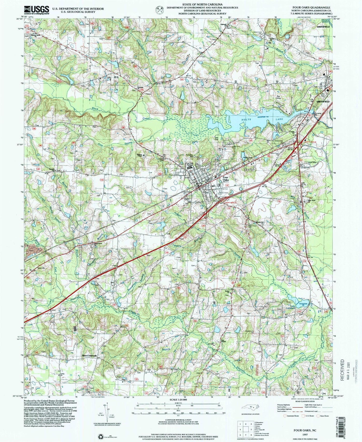 Classic USGS Four Oaks North Carolina 7.5'x7.5' Topo Map Image