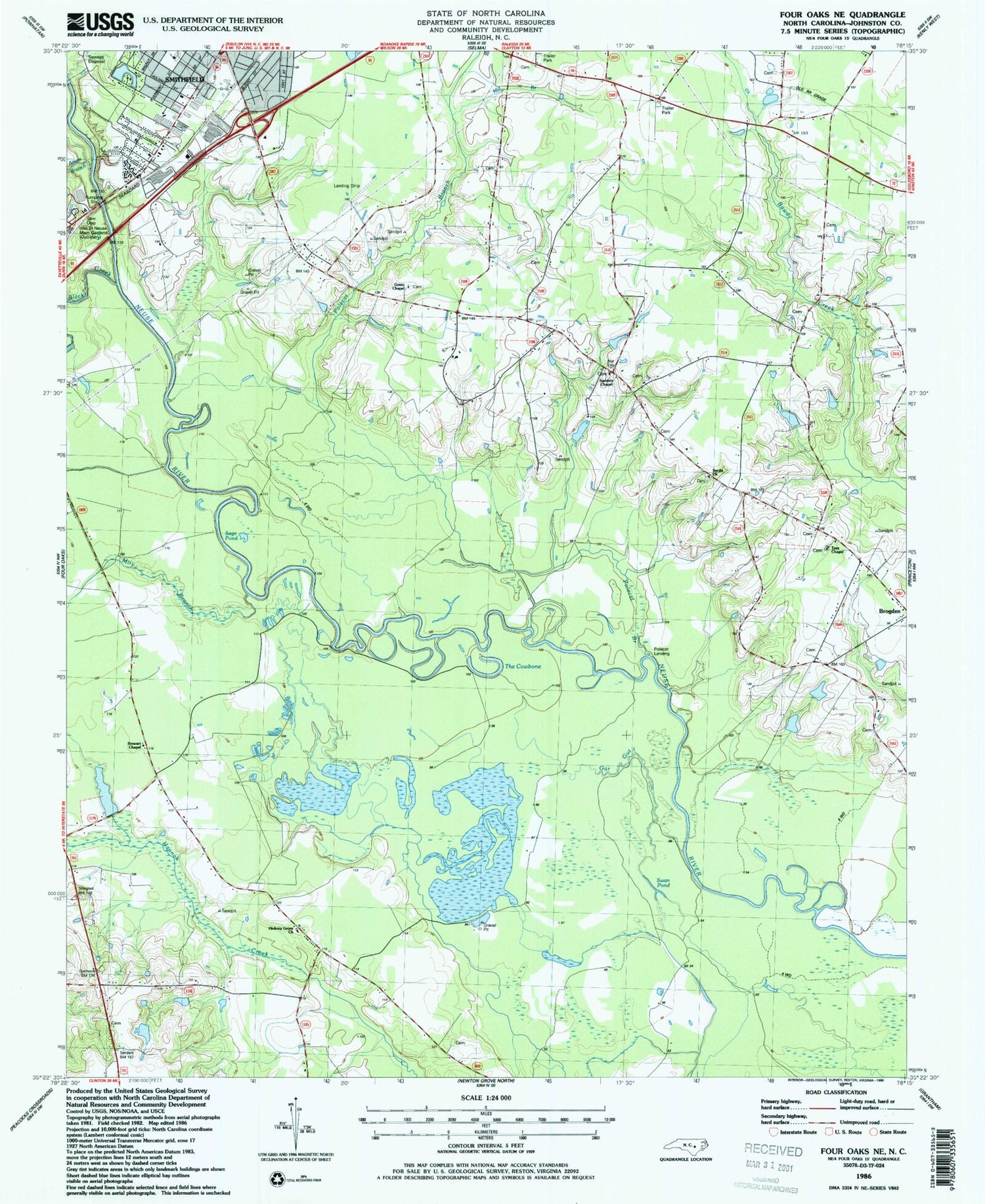 Classic USGS Four Oaks NE North Carolina 7.5'x7.5' Topo Map Image