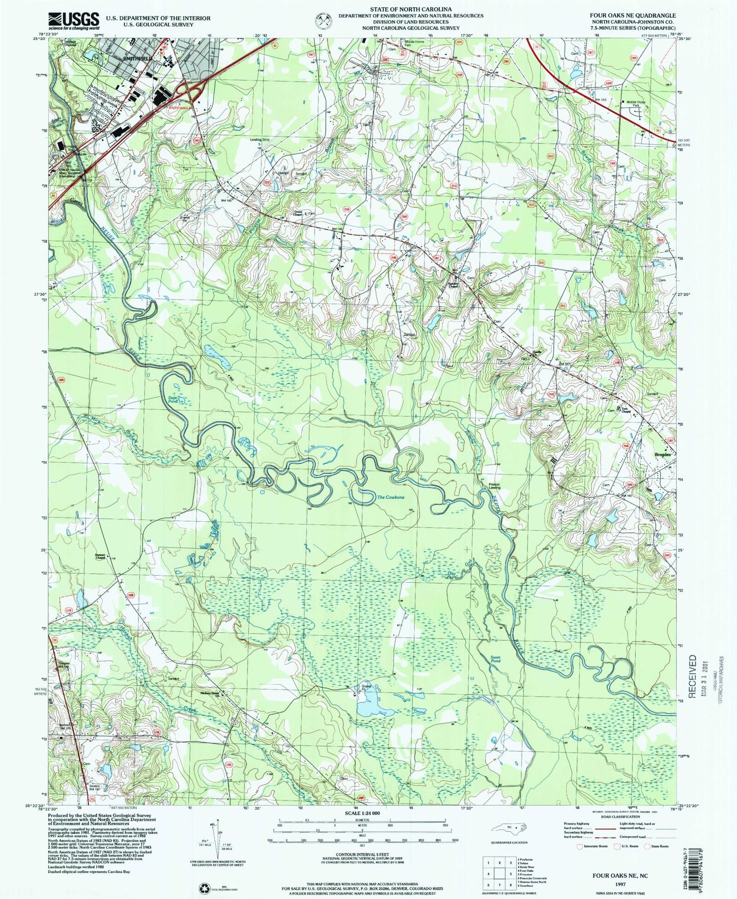 Classic USGS Four Oaks NE North Carolina 7.5'x7.5' Topo Map Image