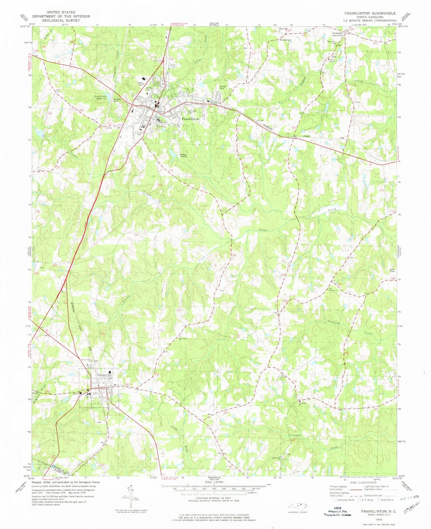 Classic USGS Franklinton North Carolina 7.5'x7.5' Topo Map Image