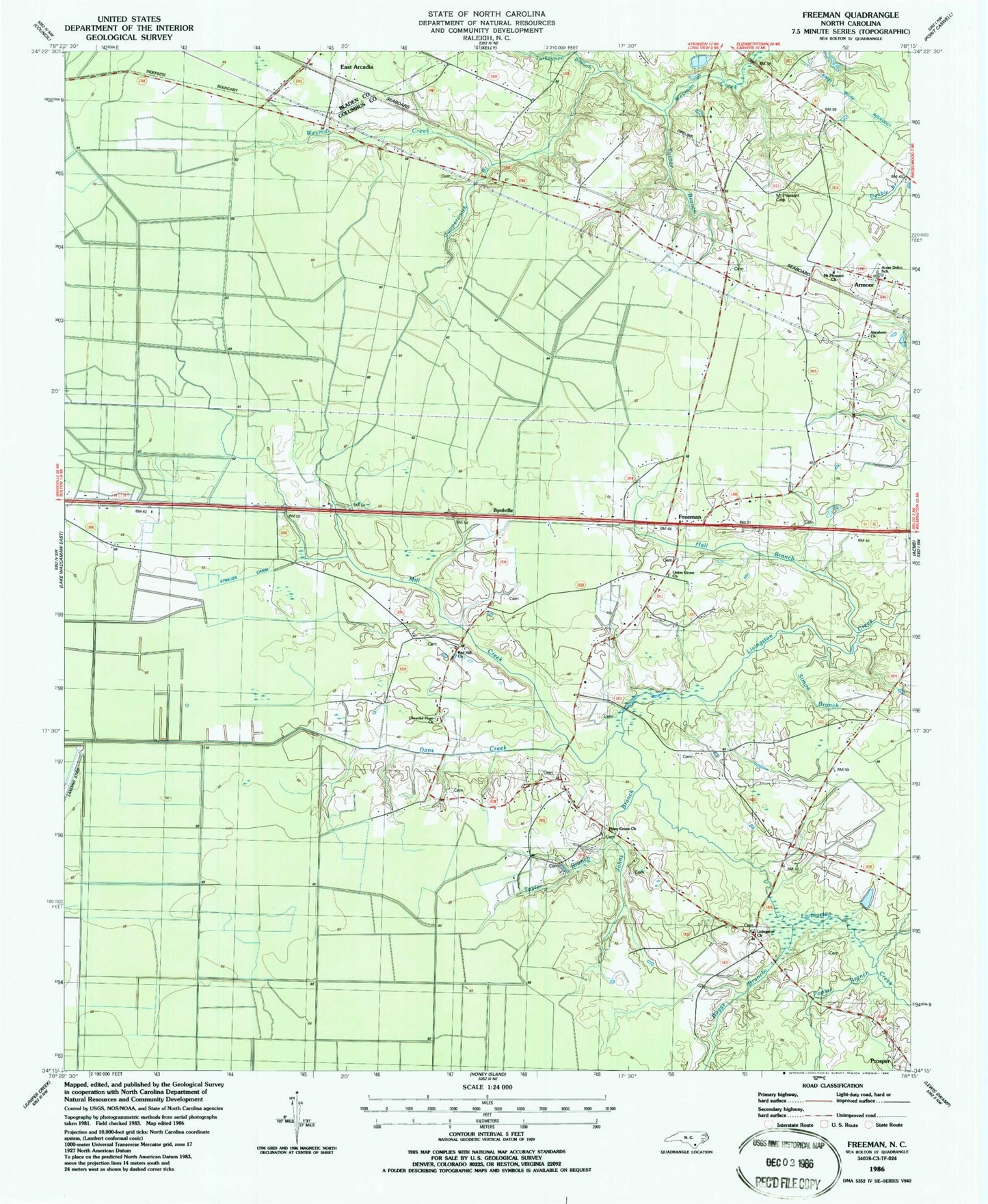 Classic USGS Freeman North Carolina 7.5'x7.5' Topo Map Image