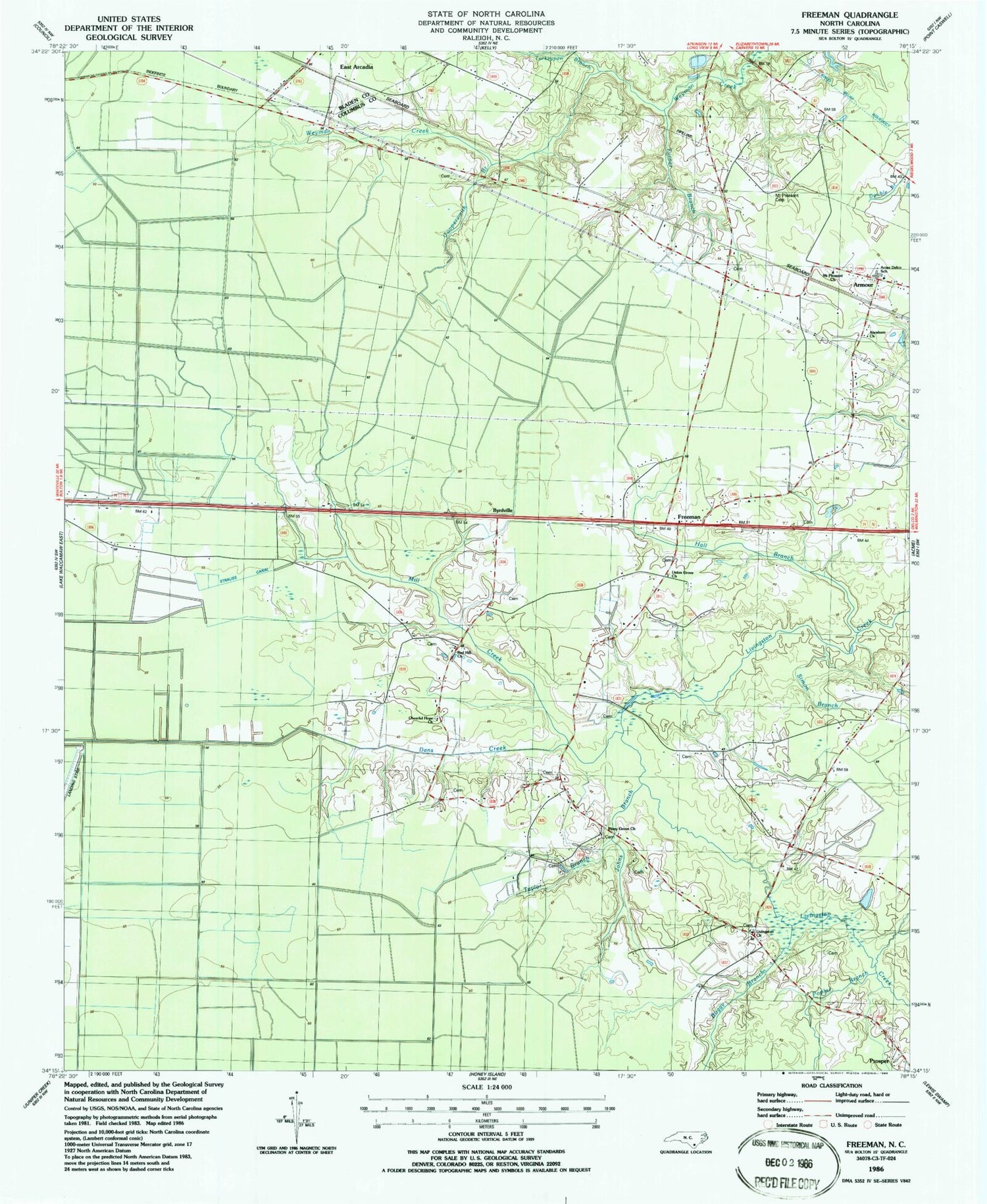 Classic USGS Freeman North Carolina 7.5'x7.5' Topo Map Image
